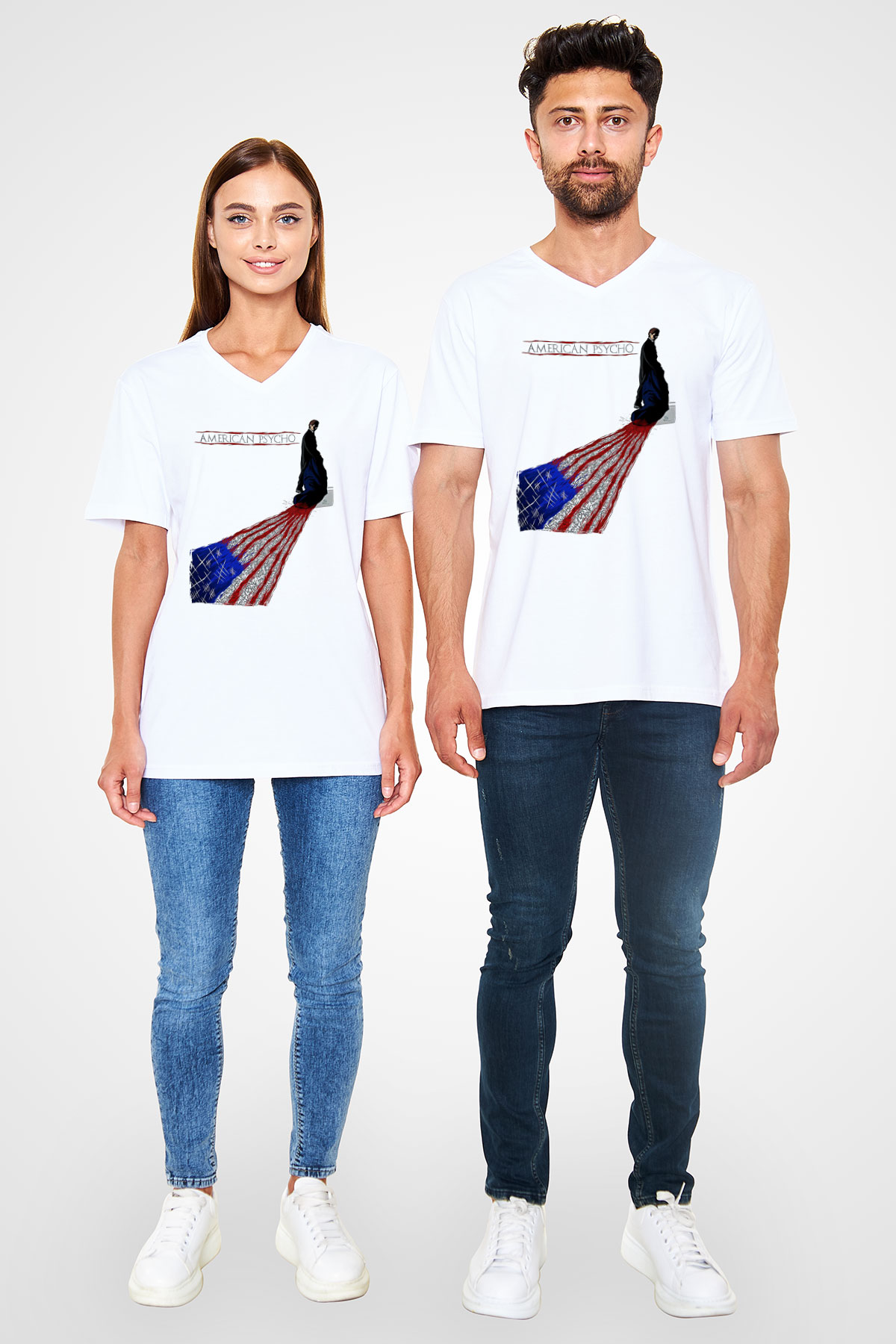 American Psycho Baskılı Beyaz Unisex V Yaka Tişört - Tshirt