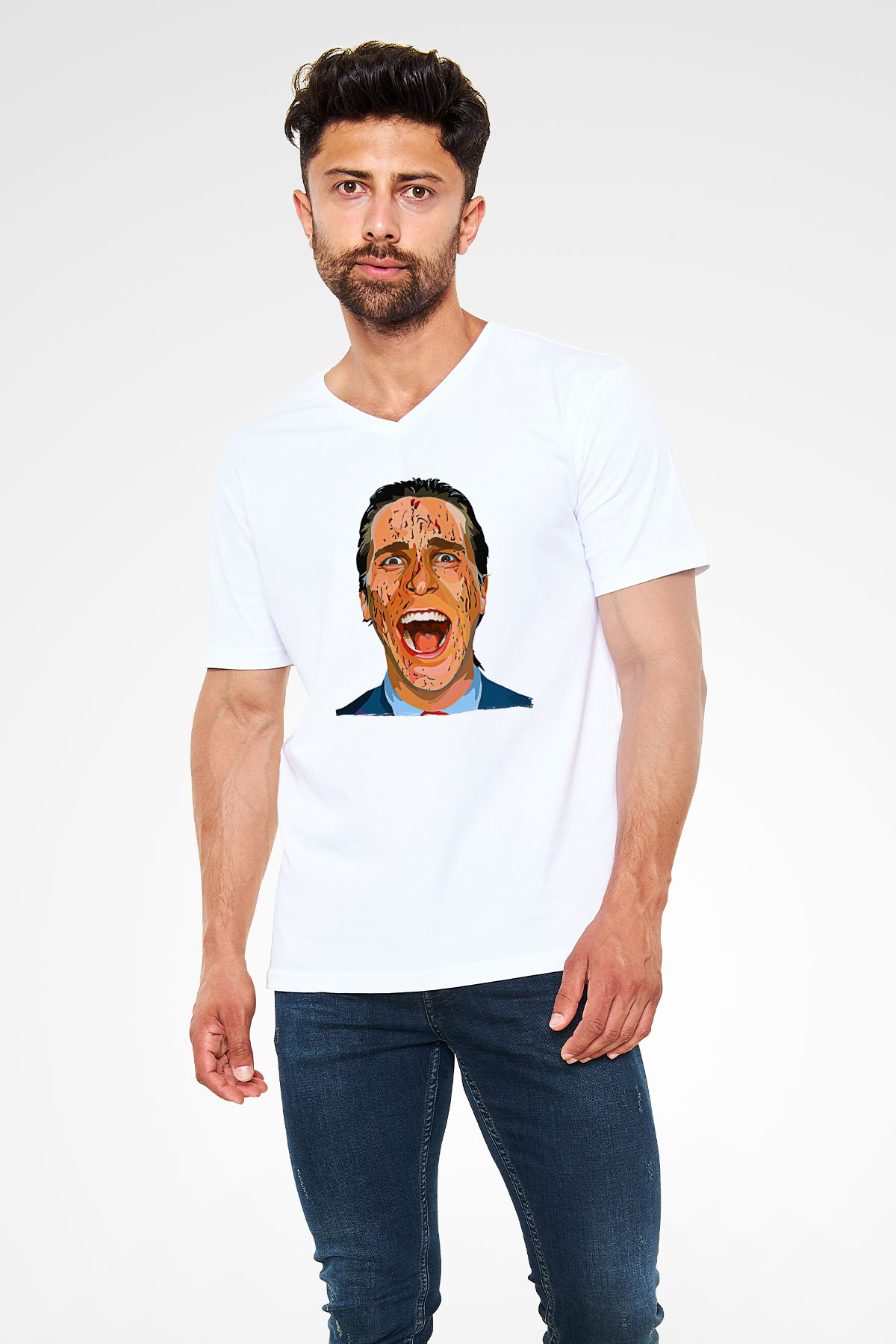 American Psycho Baskılı Beyaz Unisex V Yaka Tişört - Tshirt