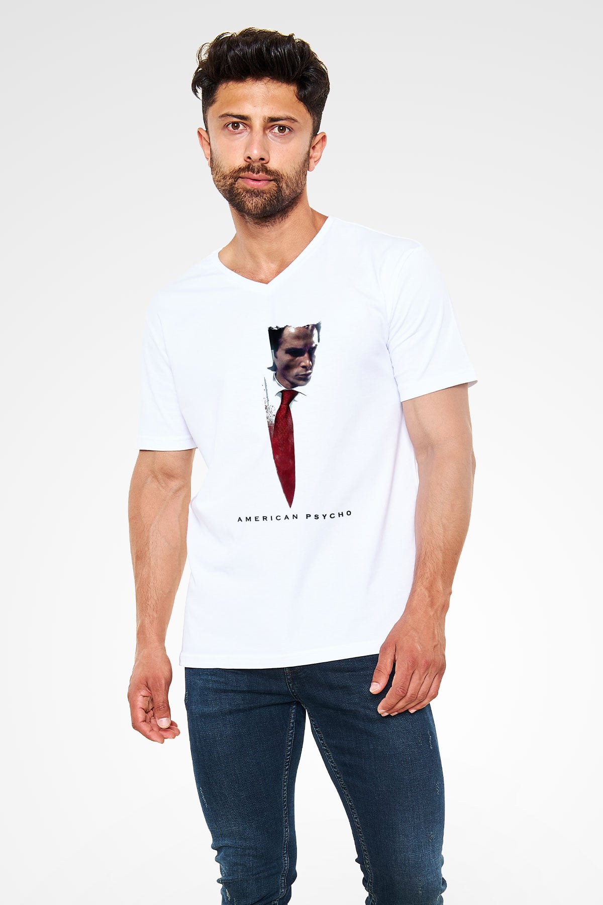 American Psycho Baskılı Beyaz Unisex V Yaka Tişört - Tshirt