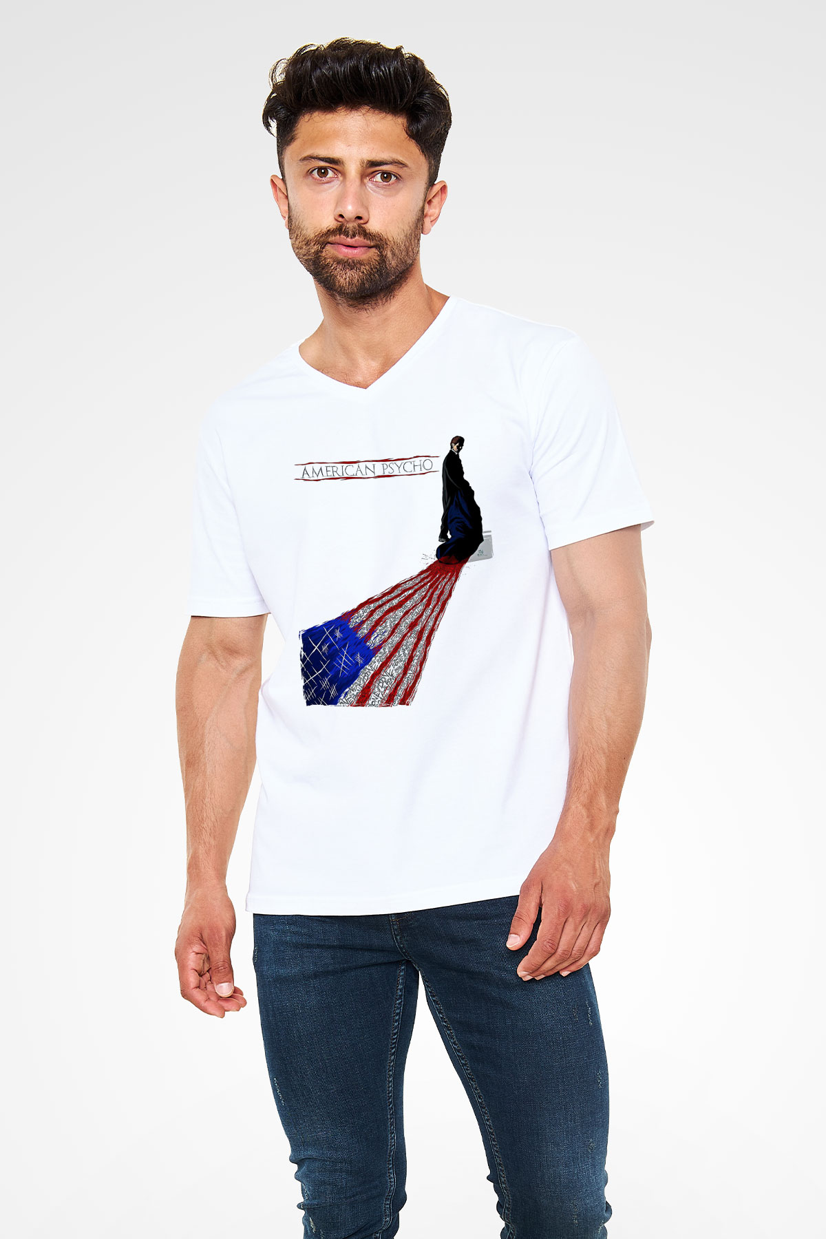 American Psycho Baskılı Beyaz Unisex V Yaka Tişört - Tshirt