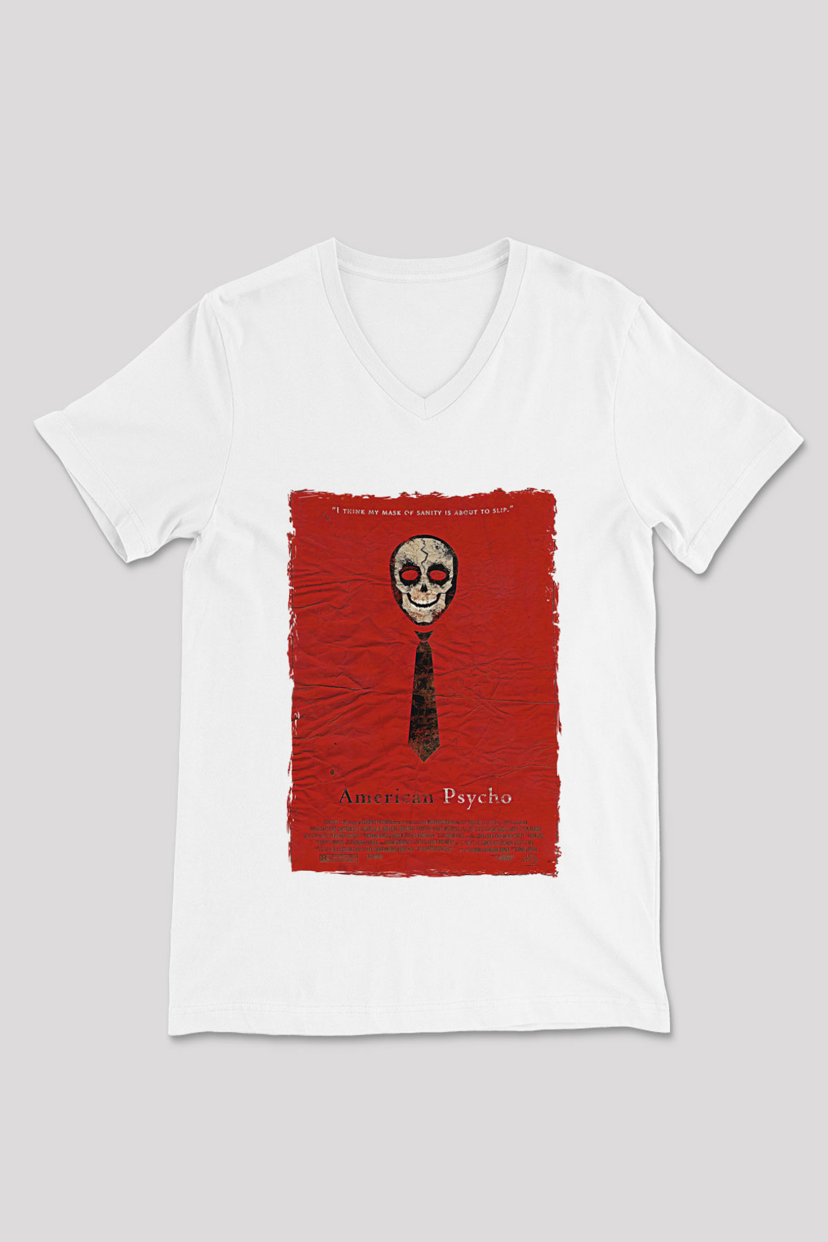 American Psycho Baskılı Beyaz Unisex V Yaka Tişört - Tshirt