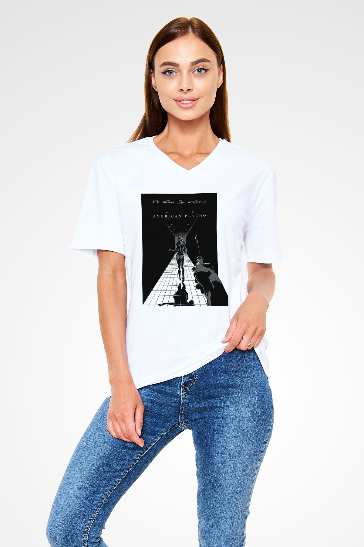 American Psycho Baskılı Beyaz Unisex V Yaka Tişört - Tshirt