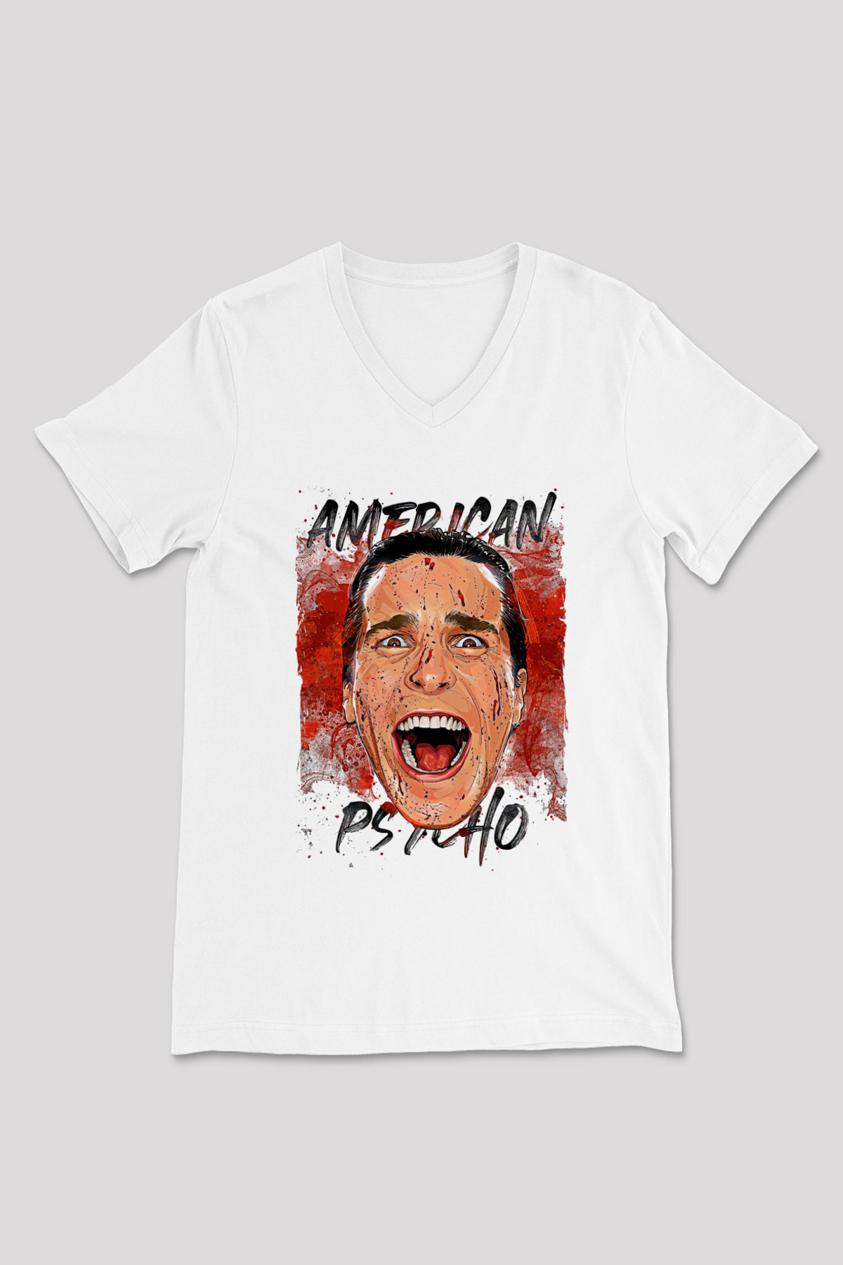 American Psycho Baskılı Beyaz Unisex V Yaka Tişört - Tshirt