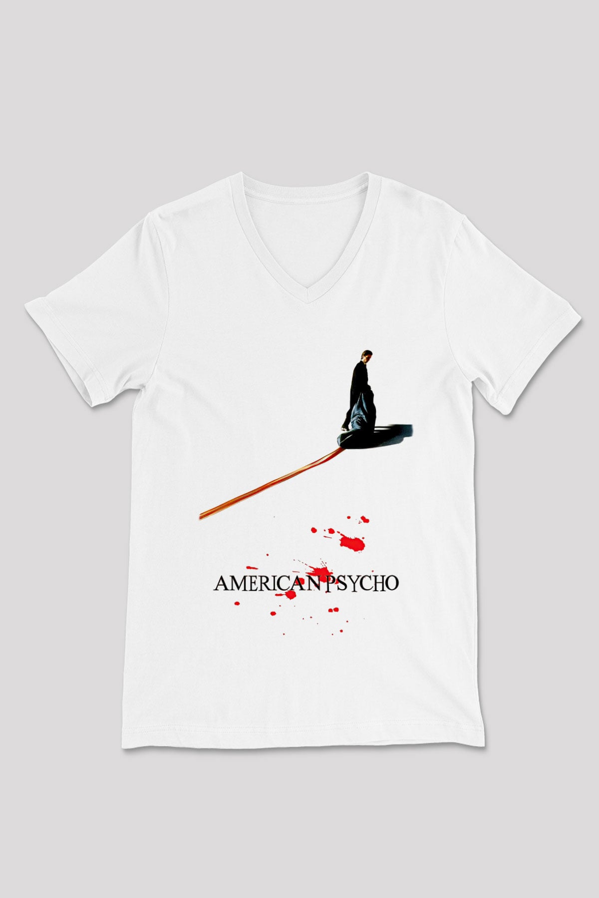 American Psycho Baskılı Beyaz Unisex V Yaka Tişört - Tshirt