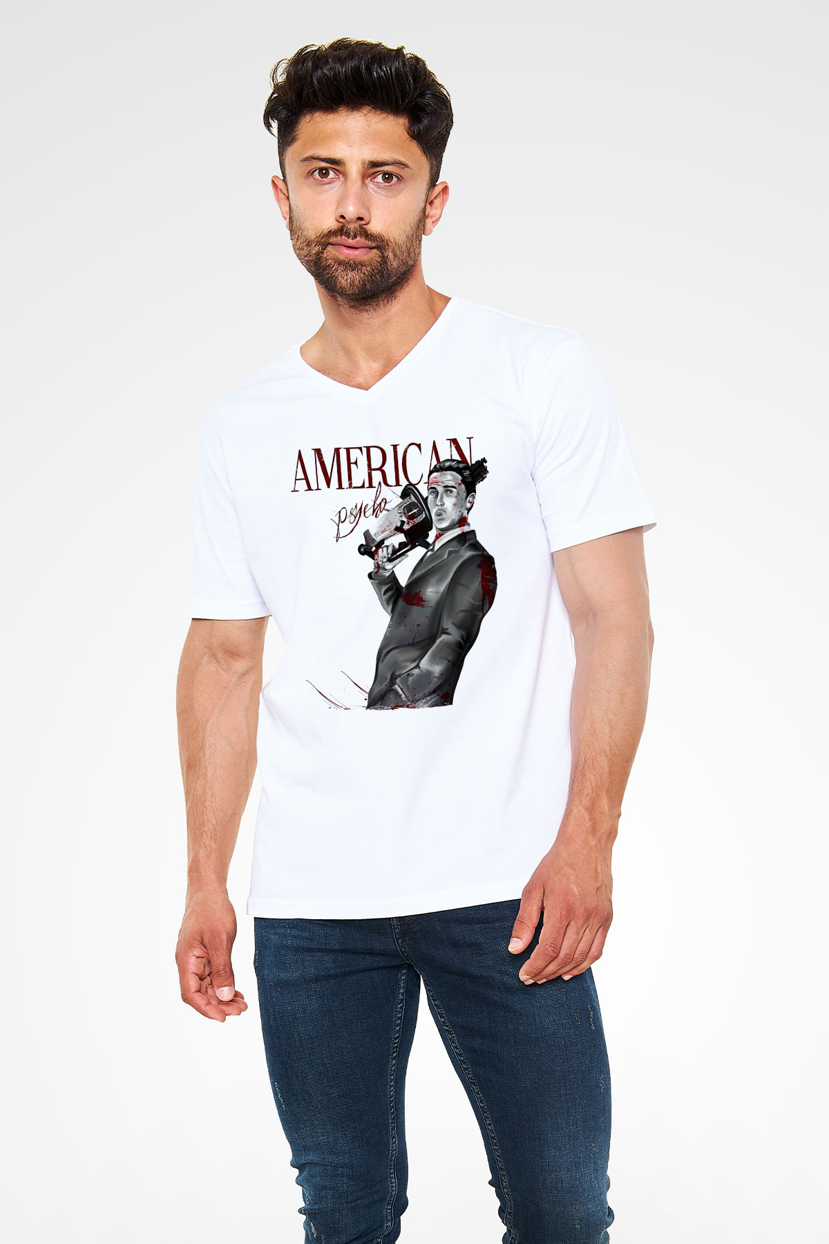 American Psycho Baskılı Beyaz Unisex V Yaka Tişört - Tshirt