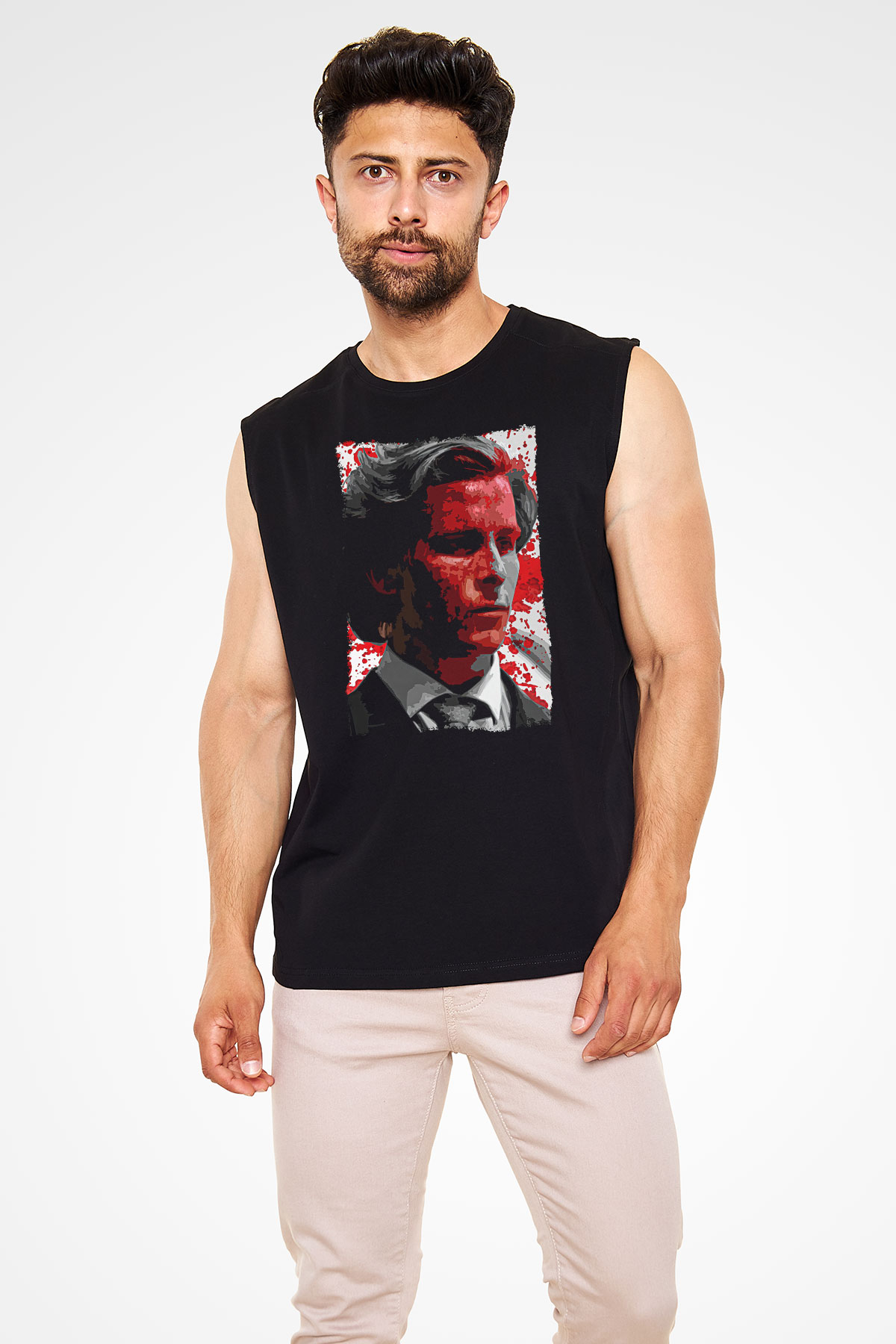 American Psycho Baskılı Unisex Siyah Kolsuz Tişört - Tshirt