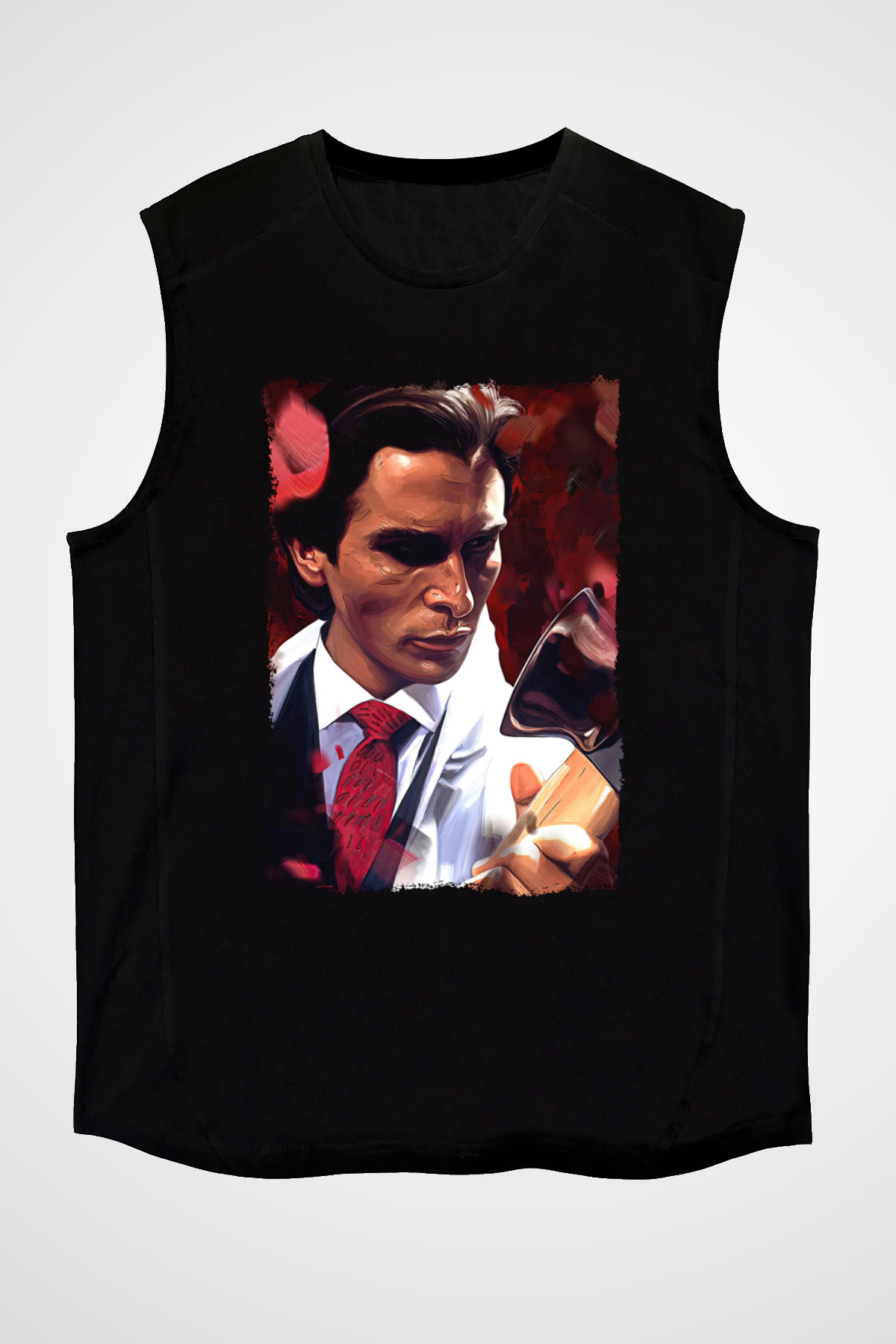 American Psycho Baskılı Unisex Siyah Kolsuz Tişört - Tshirt
