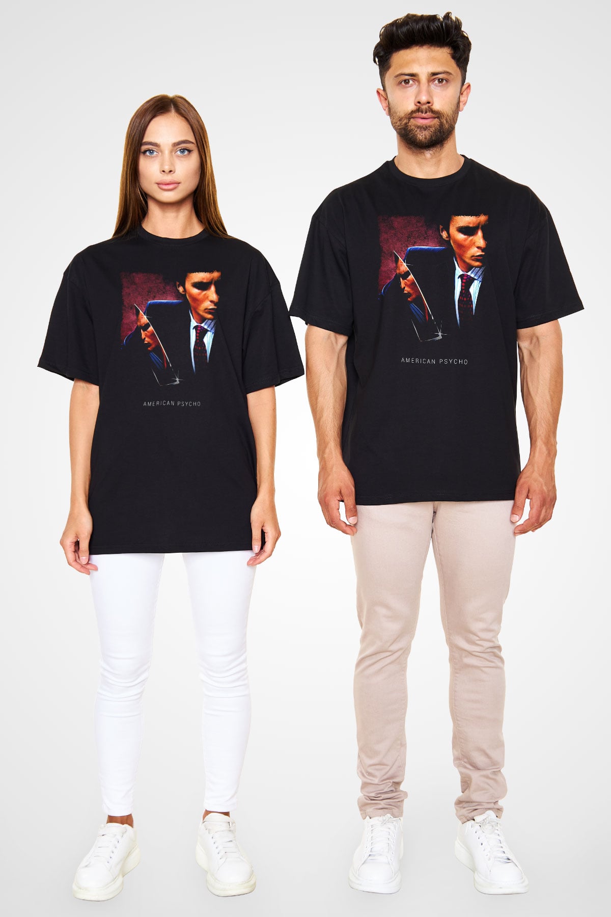 American Psycho Baskılı Unisex Siyah Oversize Tişört - Tshirt