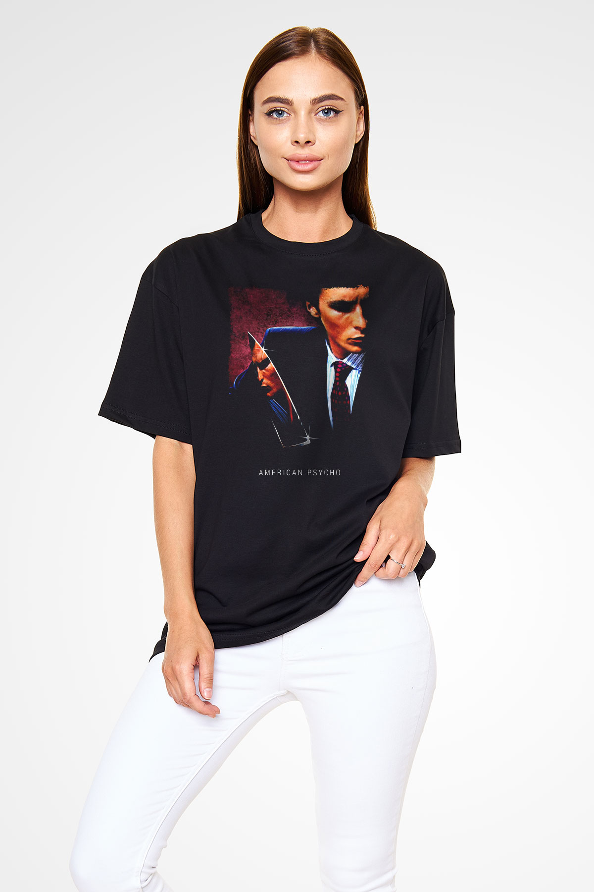 American Psycho Baskılı Unisex Siyah Oversize Tişört - Tshirt
