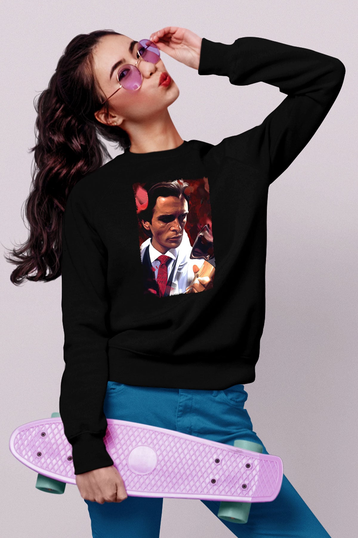 American Psycho Baskılı Unisex Siyah Sweatshirt
