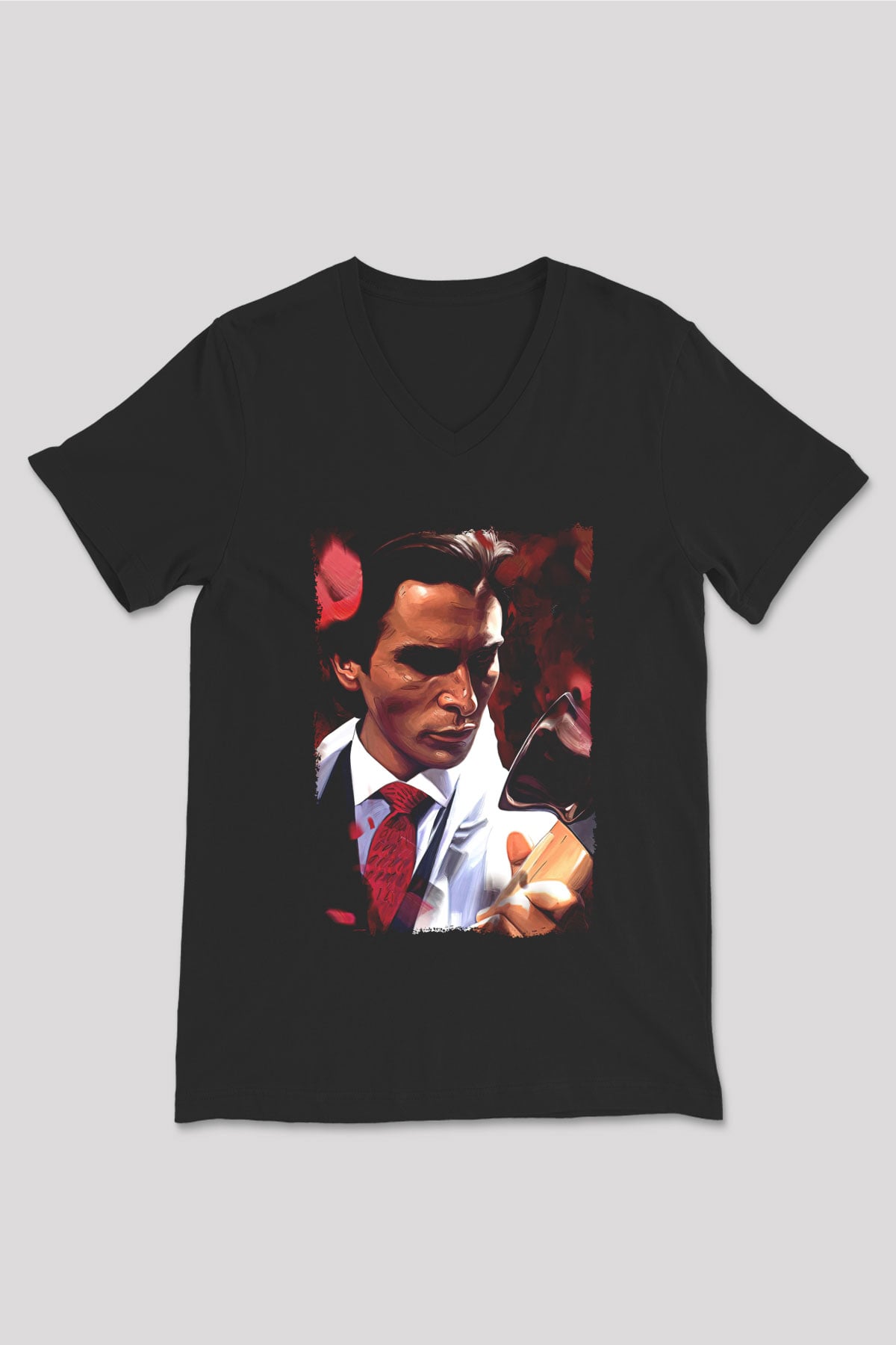 American Psycho Baskılı Unisex Siyah V Yaka Tişört - Tshirt