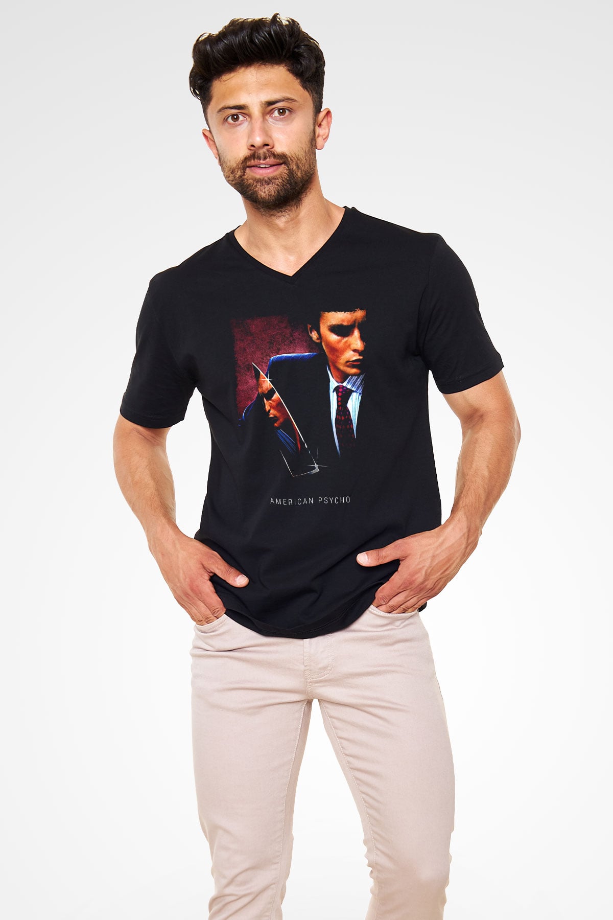 American Psycho Baskılı Unisex Siyah V Yaka Tişört - Tshirt