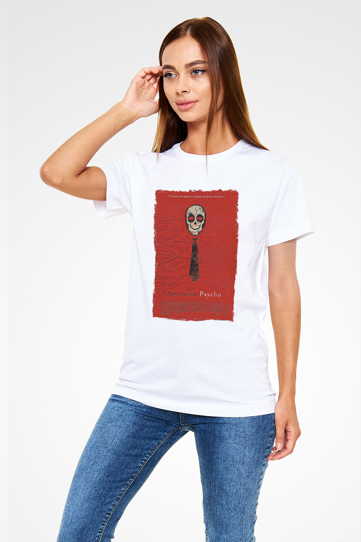 American Psycho Unisex Baskılı Beyaz Tişört - Tshirt