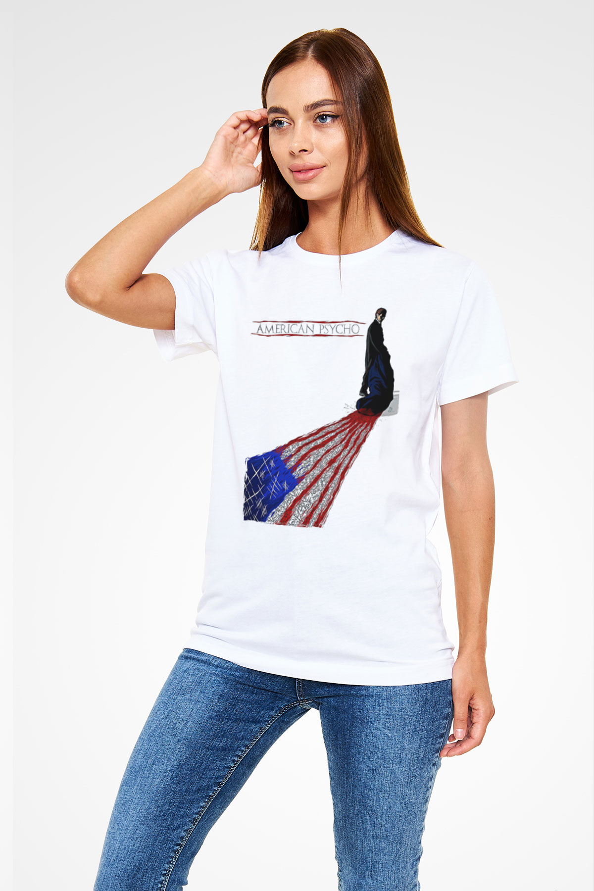 American Psycho Unisex Baskılı Beyaz Tişört - Tshirt