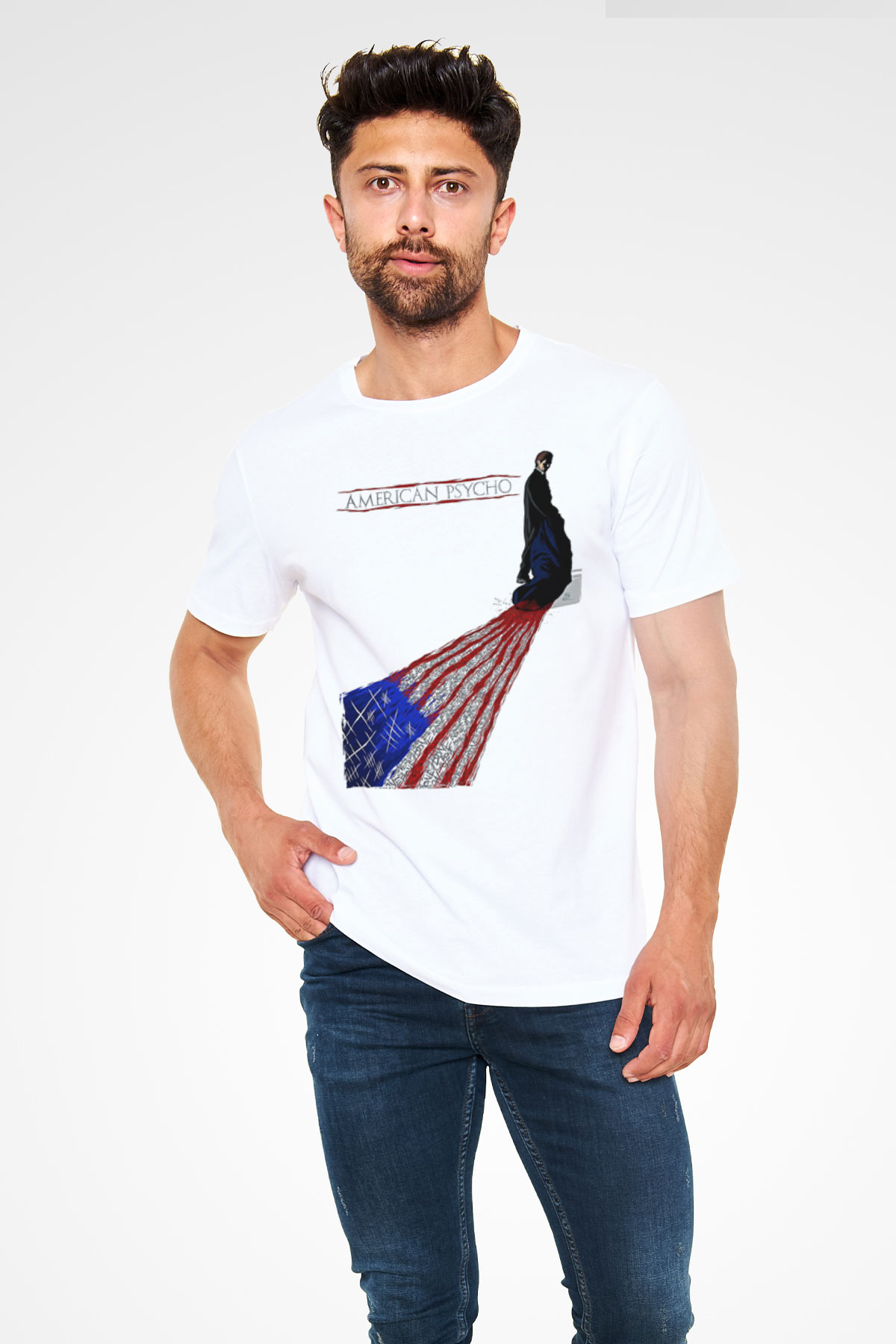 American Psycho Unisex Baskılı Beyaz Tişört - Tshirt
