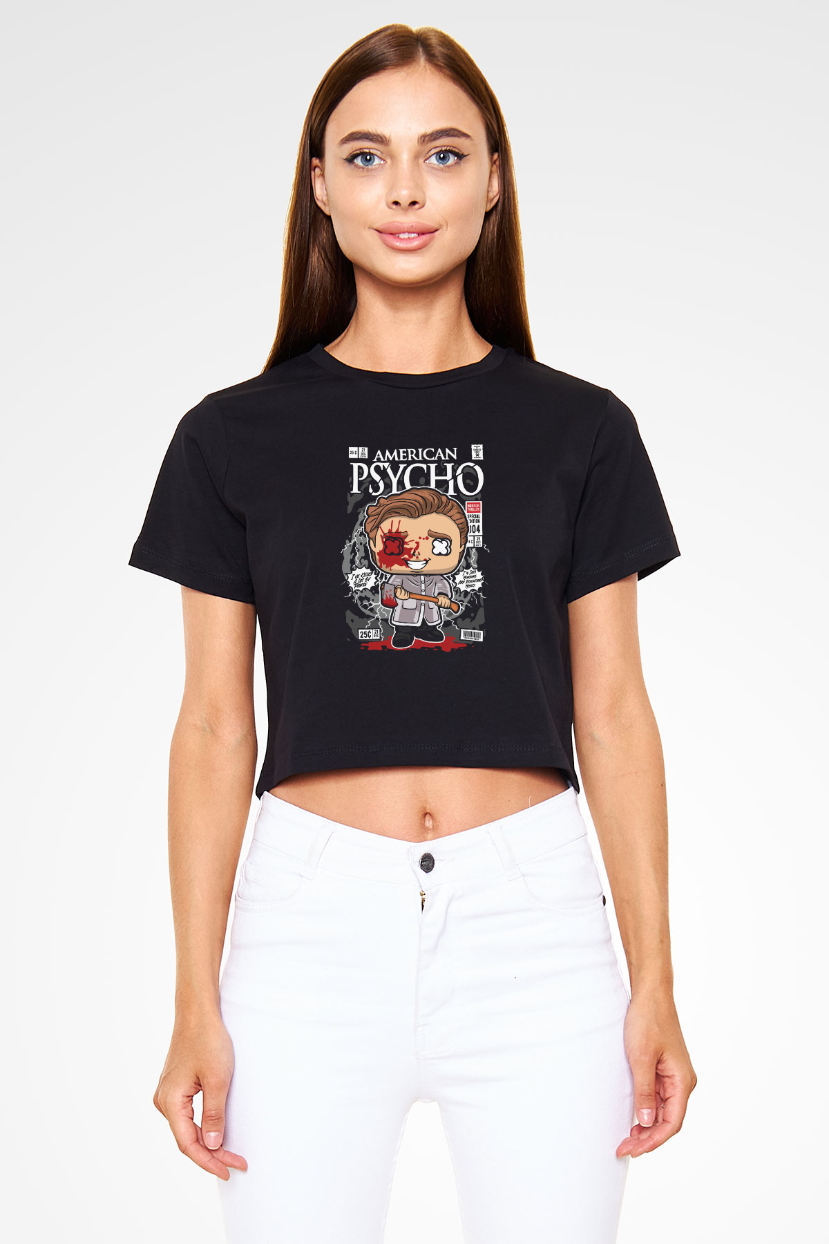 American Psyco Baskılı  Siyah  Crop Top Tişört