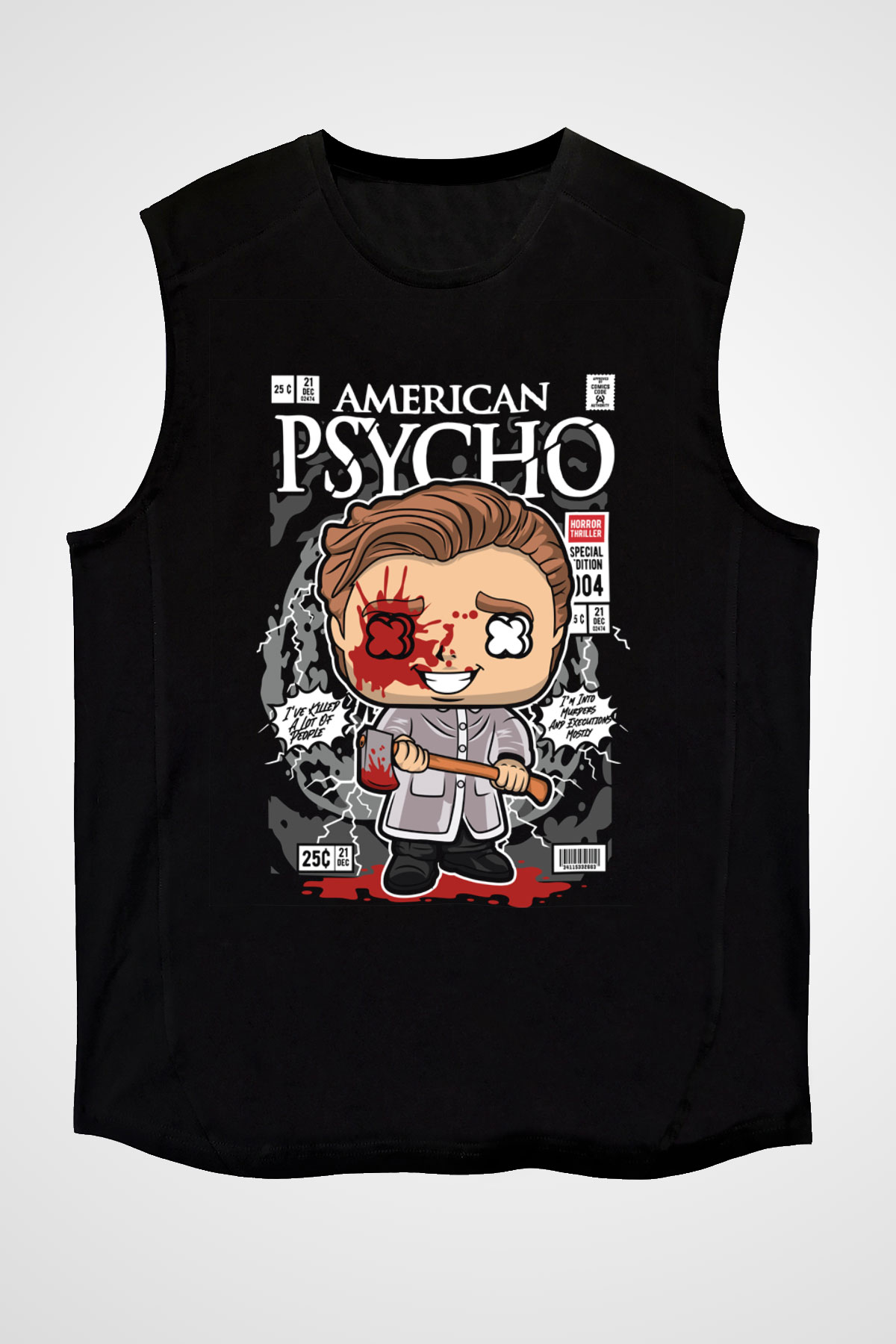 American Psyco Baskılı Unisex Siyah Kolsuz Tişört