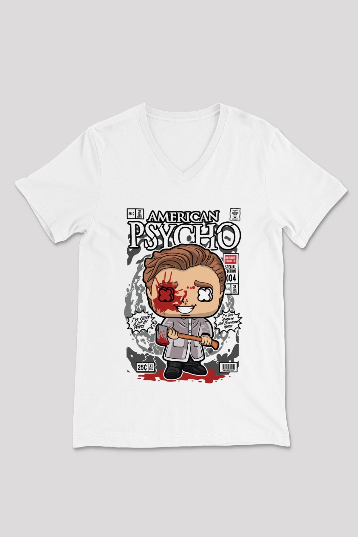 American Psyco Patrick Baskılı Unisex Beyaz V Yaka Tişört
