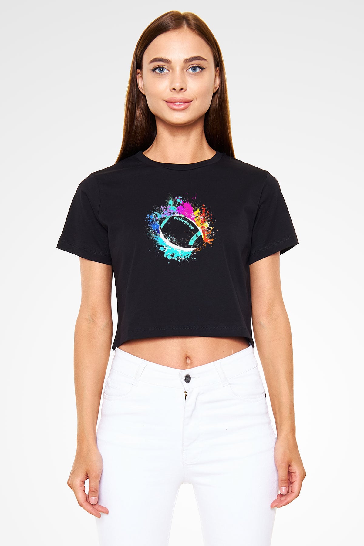 Amerikan Futbolu - American Football Baskılı Crop Top Siyah Kadın Tişört - Tshirt