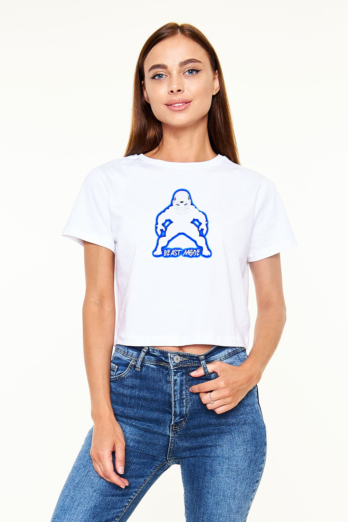 Amerikan Futbolu Baskılı Crop Top Beyaz Tişört - T-shirt
