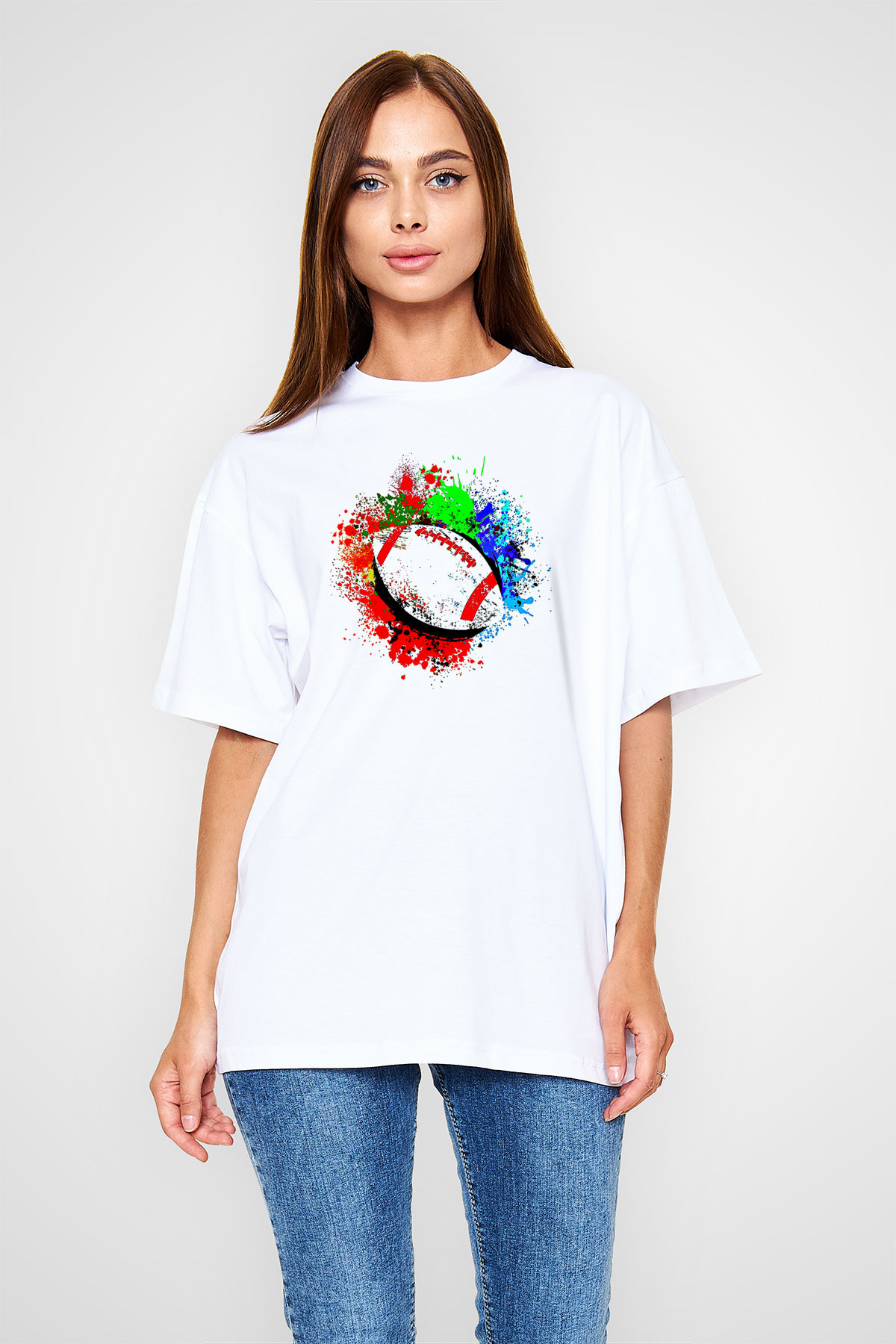 Amerikan Futbolu Baskılı Unisex Beyaz Oversize Tişört - Tshirt