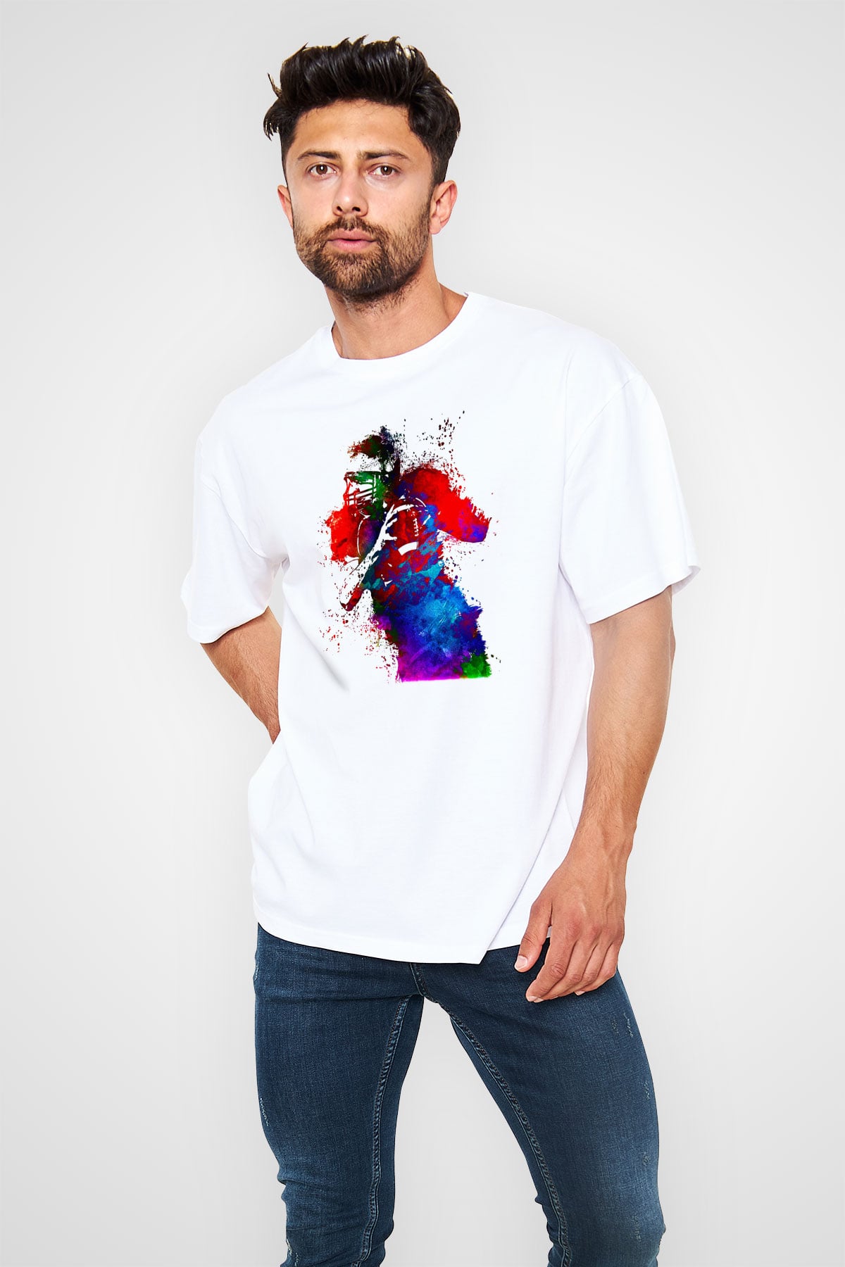 Amerikan Futbolu Baskılı Unisex Beyaz Oversize Tişört - Tshirt