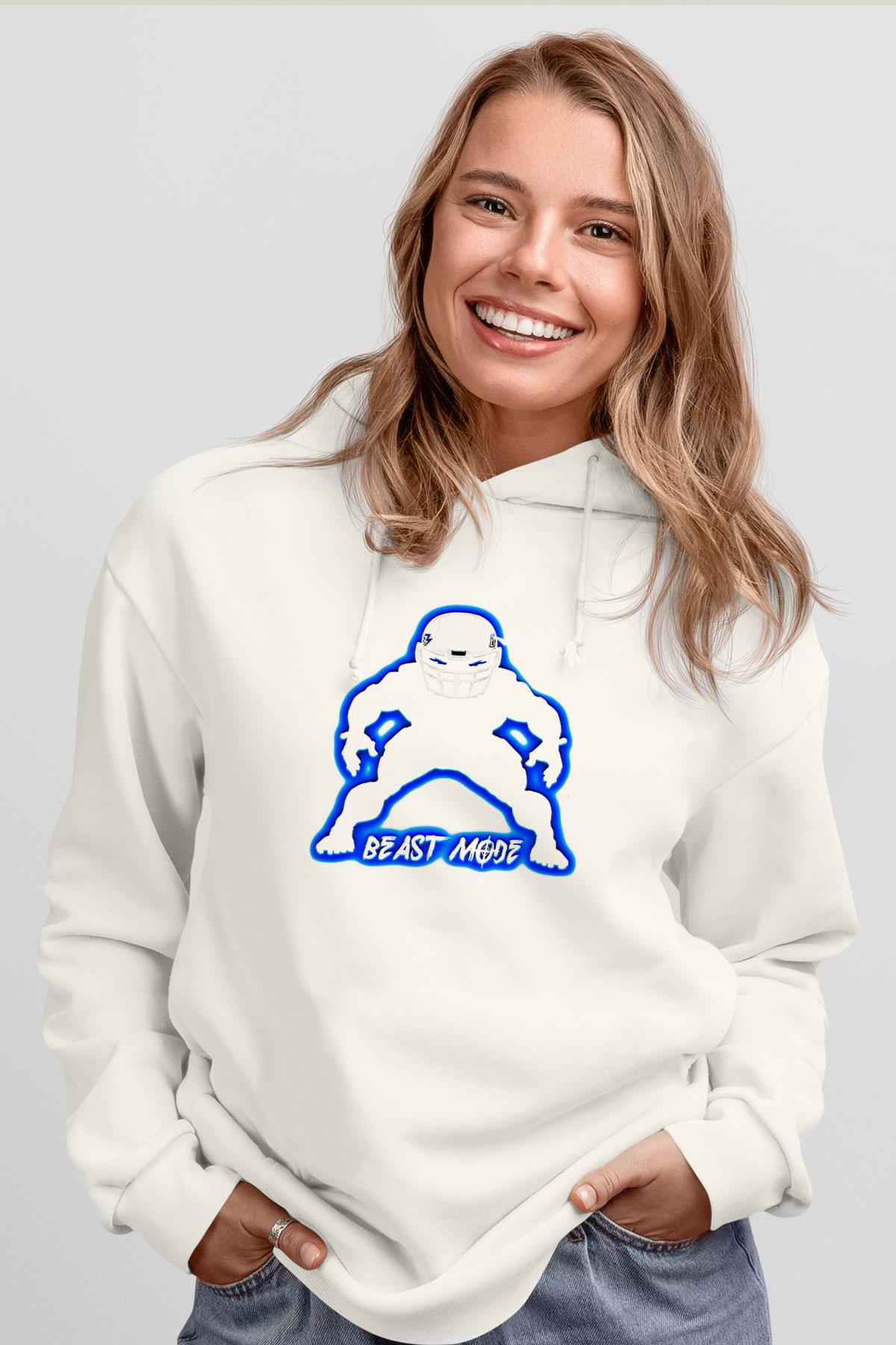 Amerikan Futbolu Baskılı Unisex Ekru Hoodie
