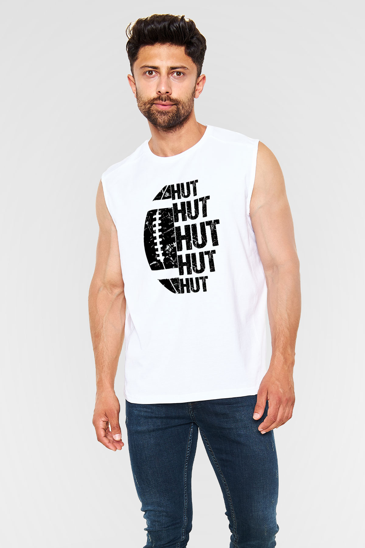 Amerikan Futbolu Baskılı Unisex Kolsuz Beyaz Tişört