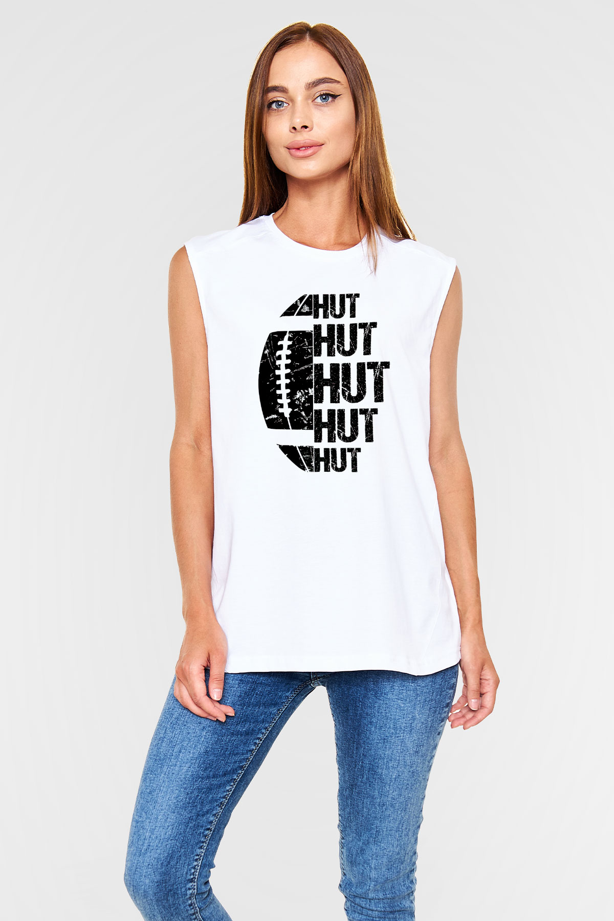 Amerikan Futbolu Baskılı Unisex Kolsuz Beyaz Tişört