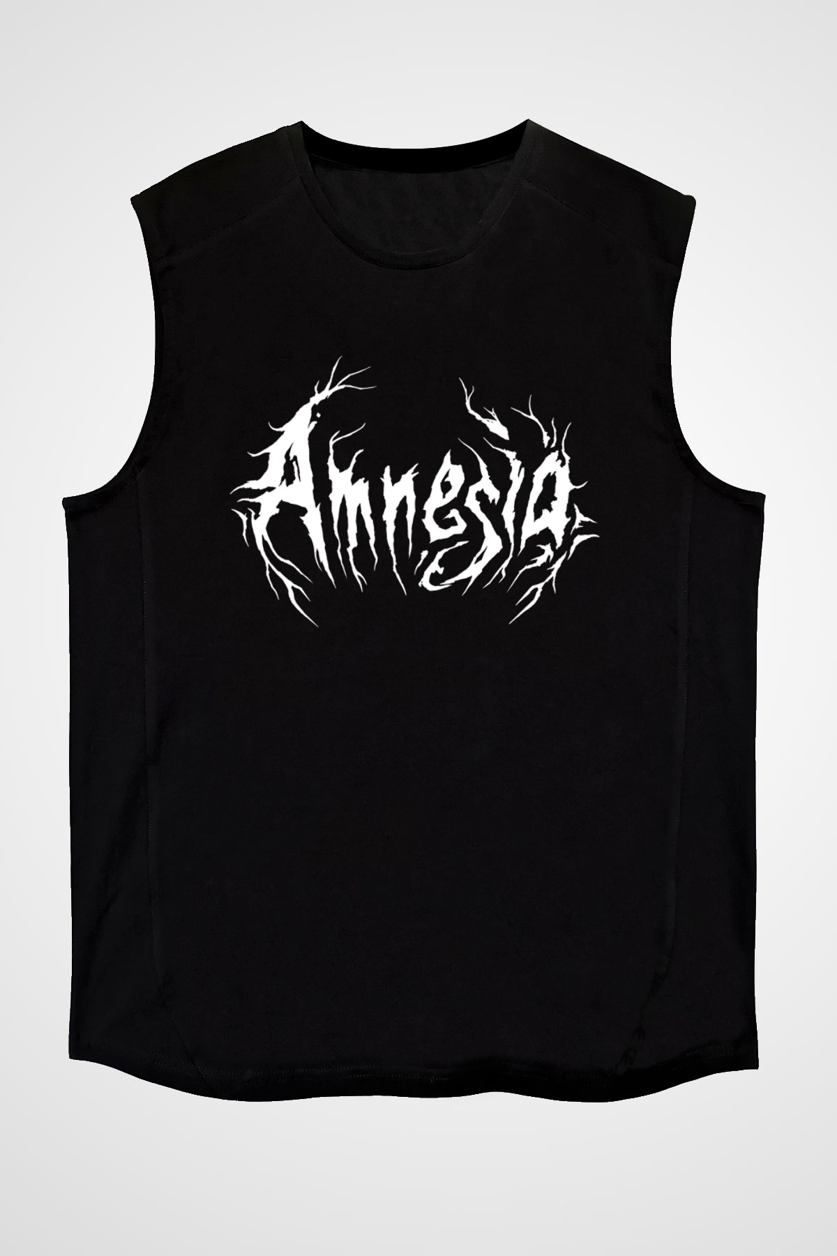 Amnesia Baskılı Unisex Siyah Kolsuz Tişört - Tshirt
