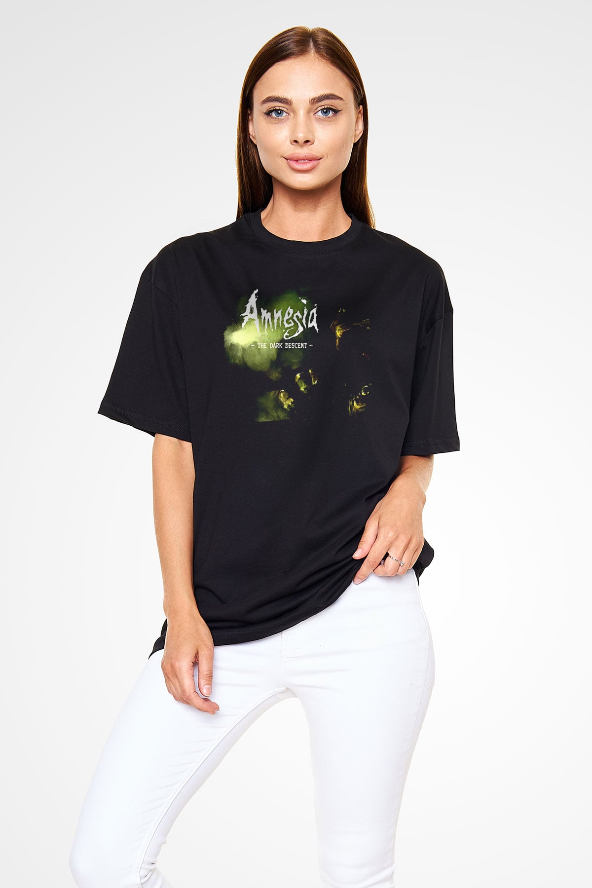 Amnesia Baskılı Unisex Siyah Oversize Tişört - Tshirt