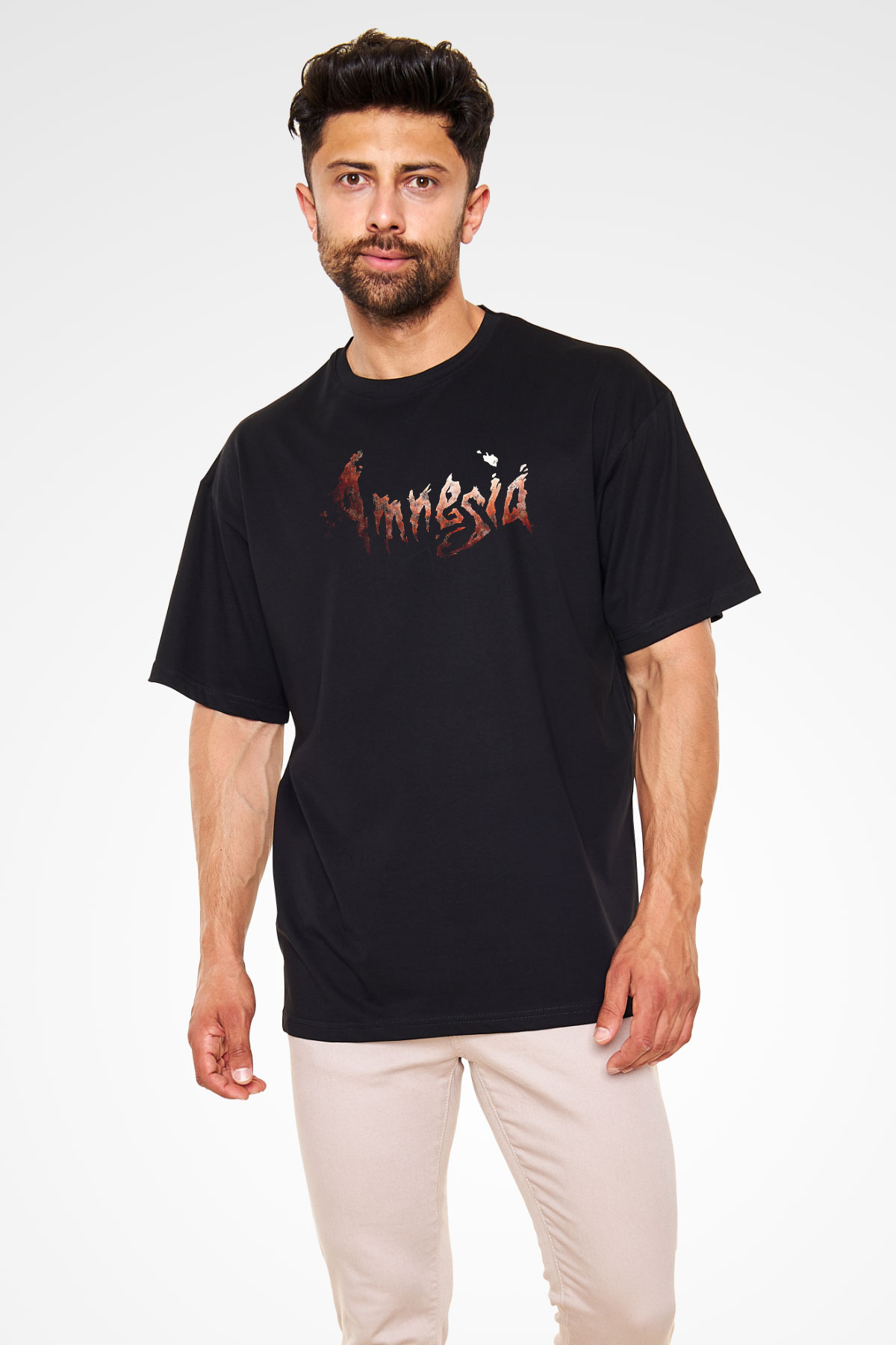 Amnesia Baskılı Unisex Siyah Oversize Tişört - Tshirt