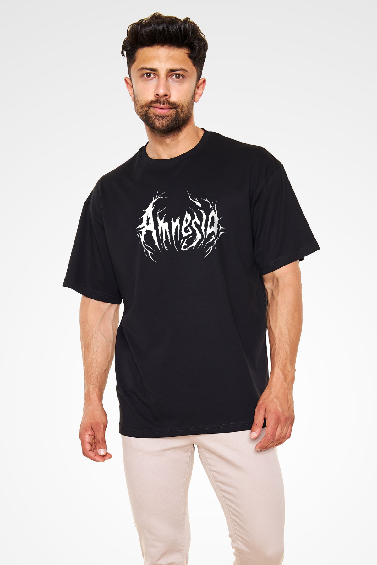 Amnesia Baskılı Unisex Siyah Oversize Tişört - Tshirt