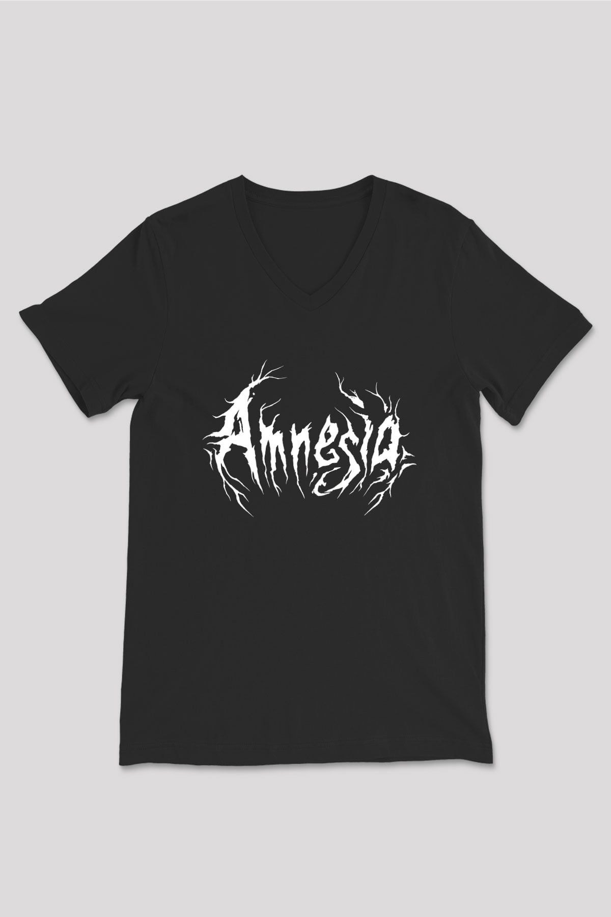 Amnesia Baskılı Unisex Siyah V Yaka Tişört - Tshirt