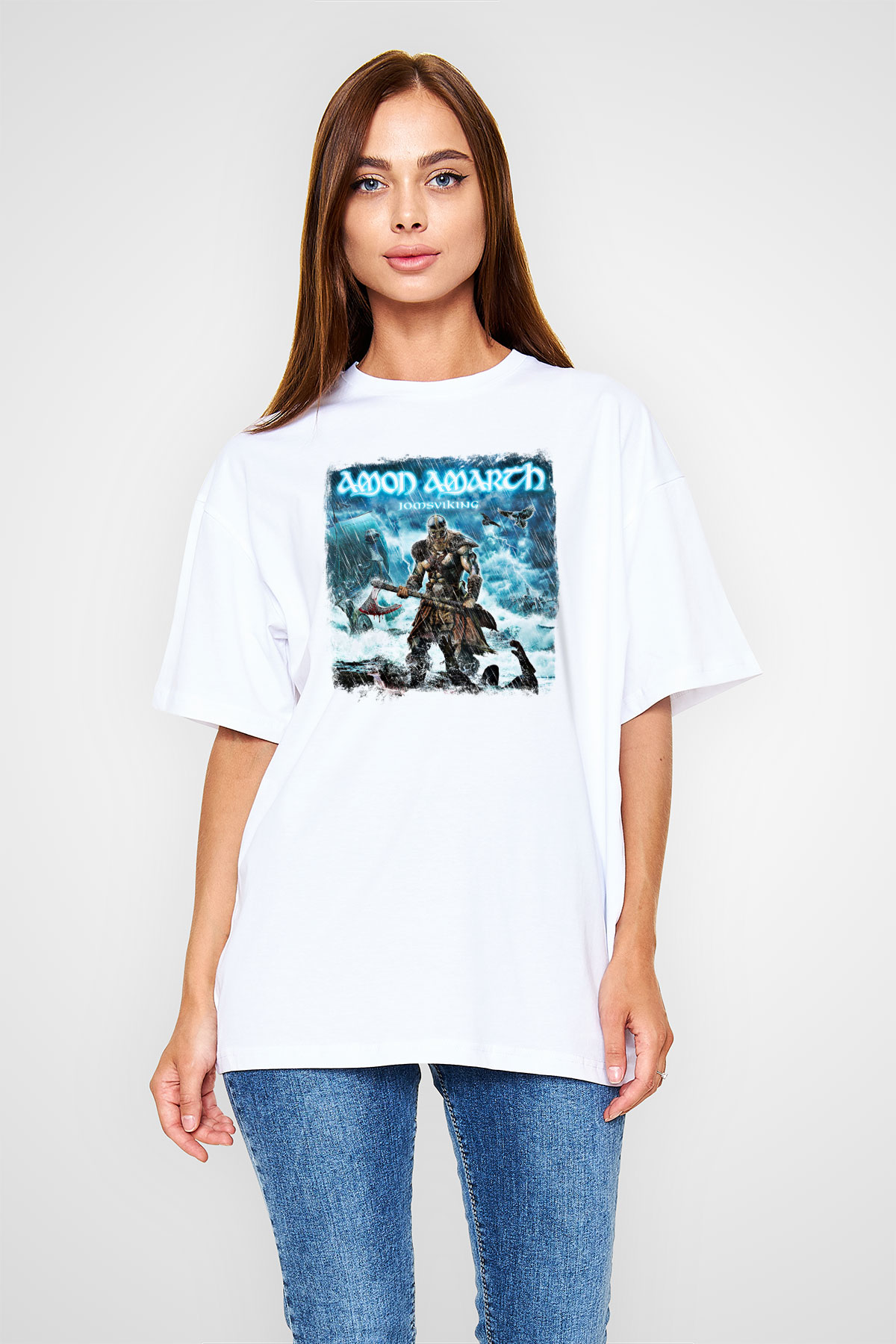 Amon Amarth Baskılı Unisex Beyaz Oversize Tişört