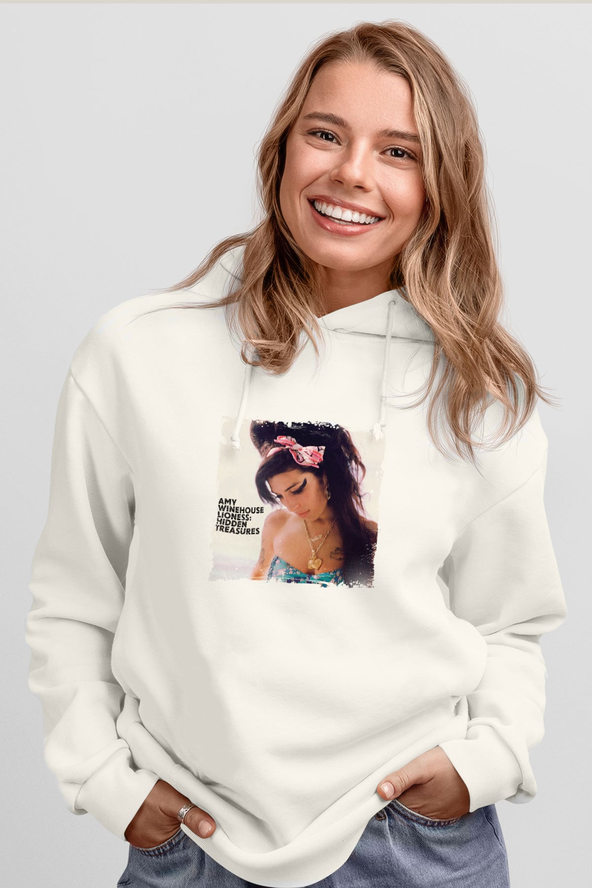 Amy Winehouse Baskılı Unisex Beyaz Kapüşonlu Sweatshirt