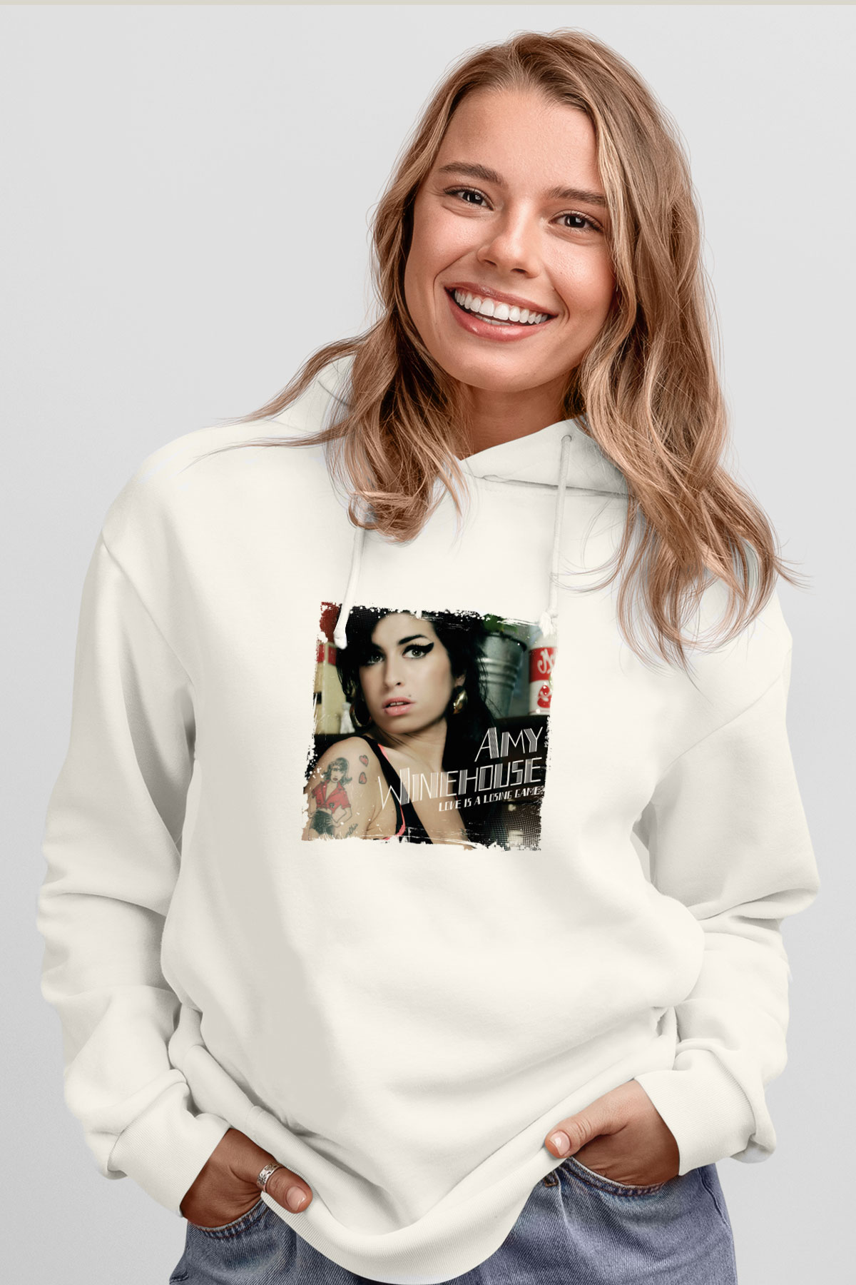 Amy Winehouse Baskılı Unisex Beyaz Kapüşonlu Sweatshirt