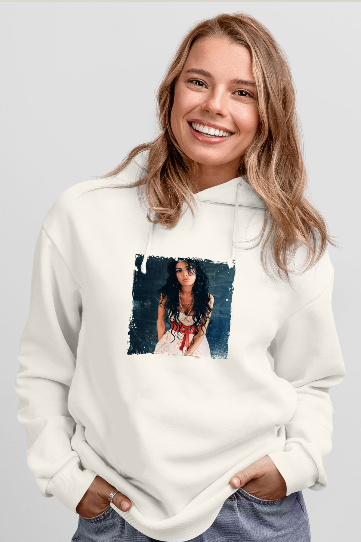 Amy Winehouse Baskılı Unisex Beyaz Kapüşonlu Sweatshirt