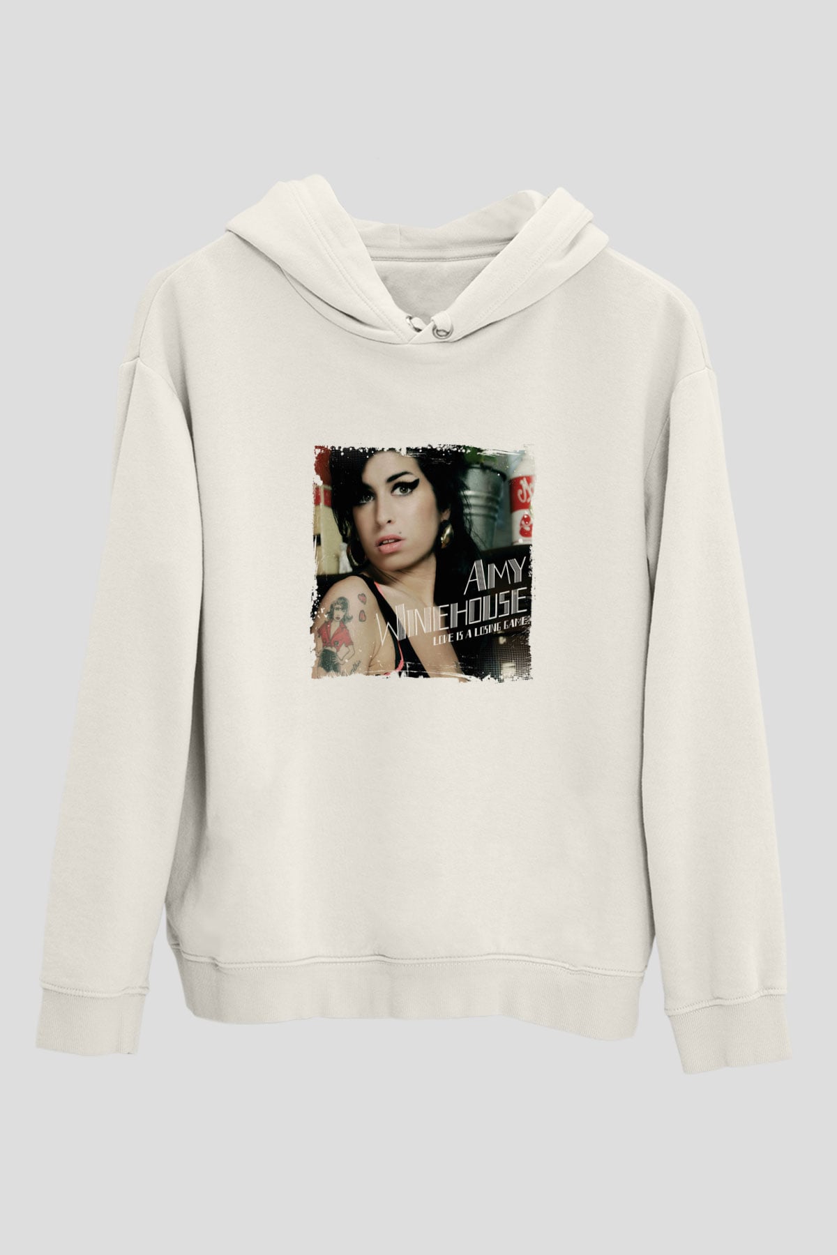 Amy Winehouse Baskılı Unisex Beyaz Kapüşonlu Sweatshirt