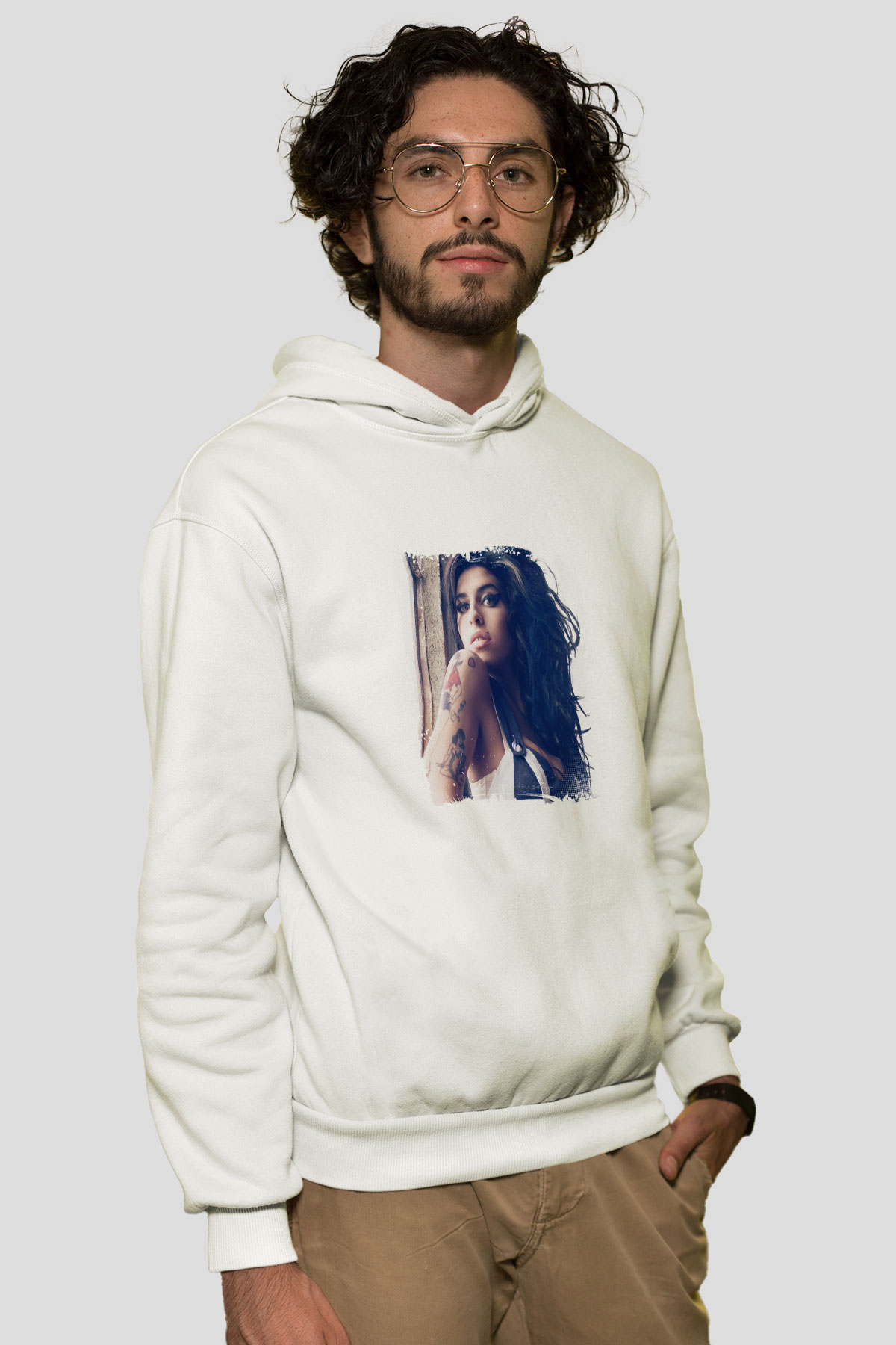 Amy Winehouse Baskılı Unisex Beyaz Kapüşonlu Sweatshirt