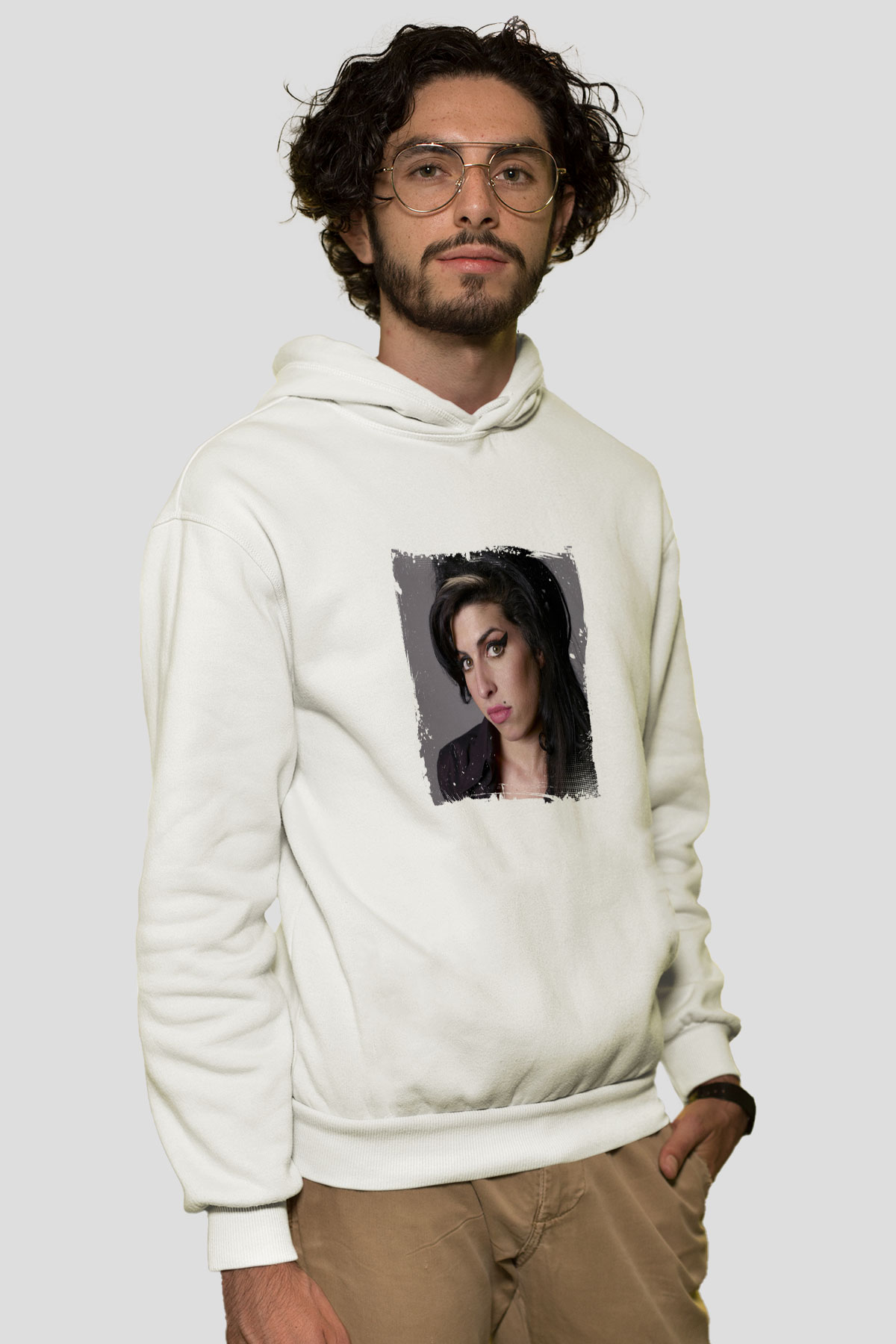 Amy Winehouse Baskılı Unisex Beyaz Kapüşonlu Sweatshirt