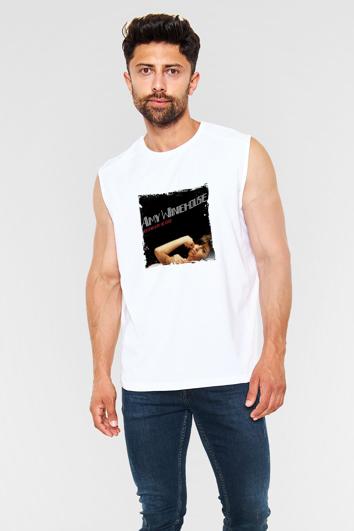 Amy Winehouse Baskılı Unisex Beyaz Kolsuz Tişört