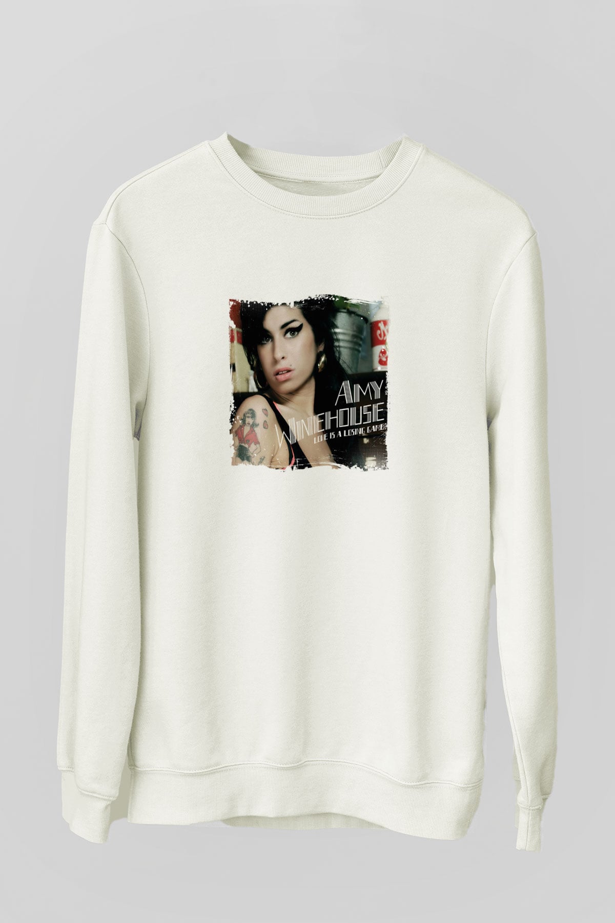 Amy Winehouse Baskılı Unisex Beyaz Sweatshirt