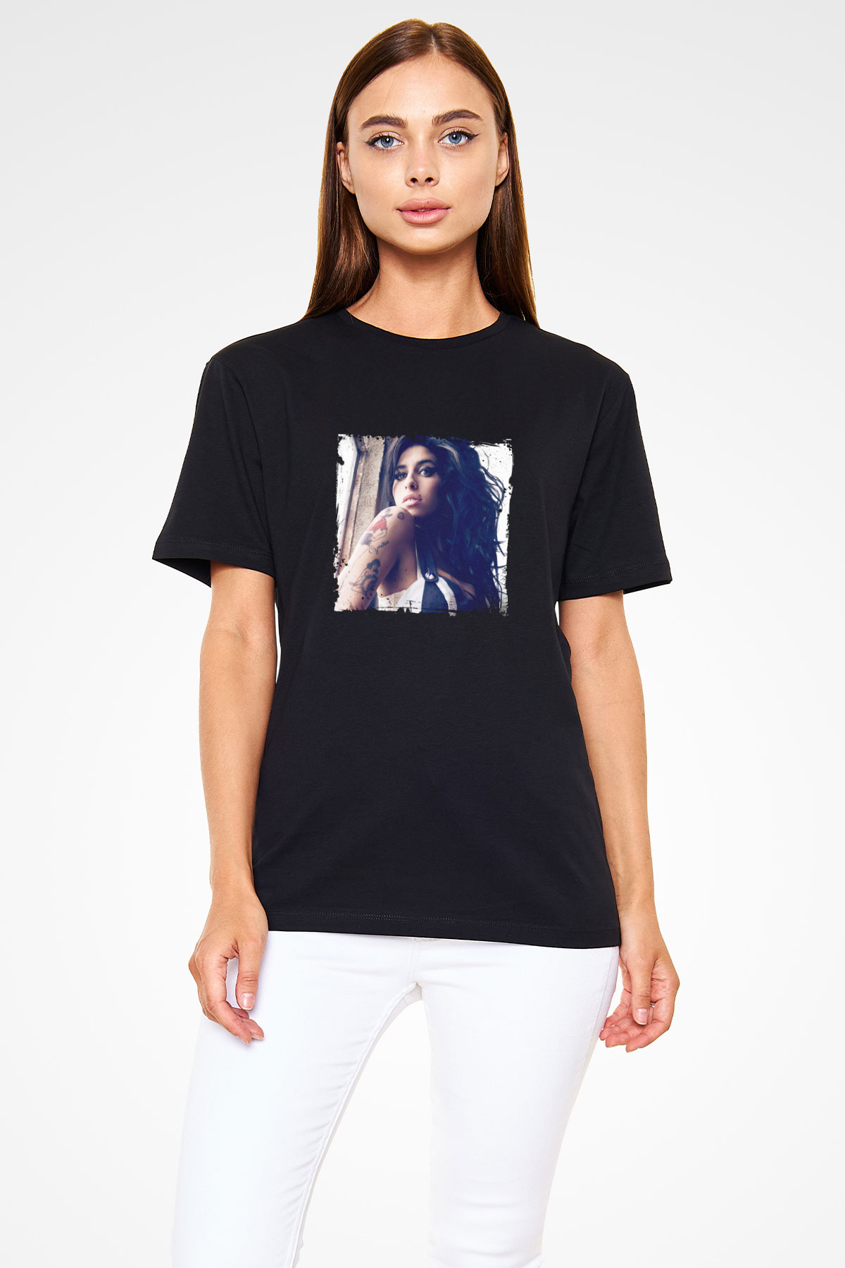 Amy Winehouse Baskılı Unisex Siyah Tişört