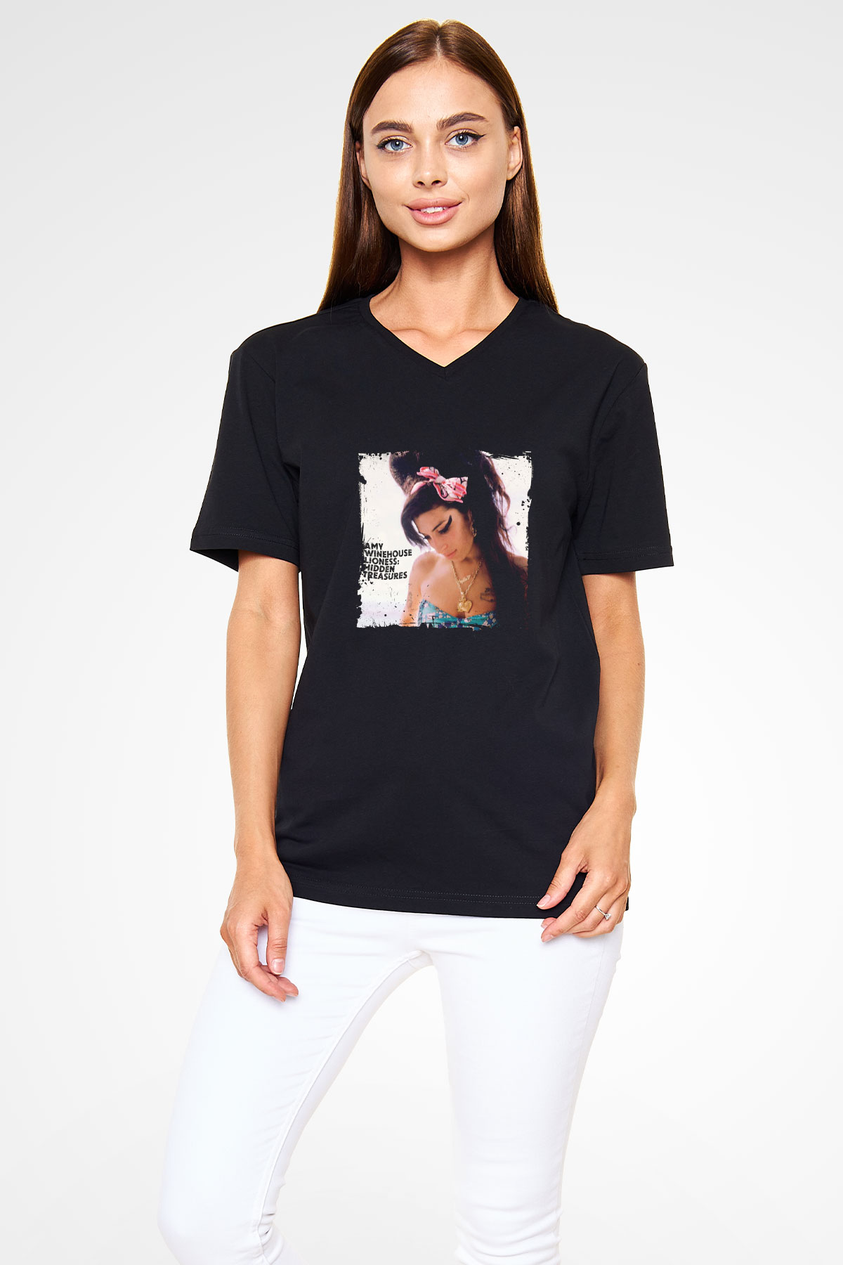 Amy Winehouse Baskılı Unisex Siyah V Yaka Tişört