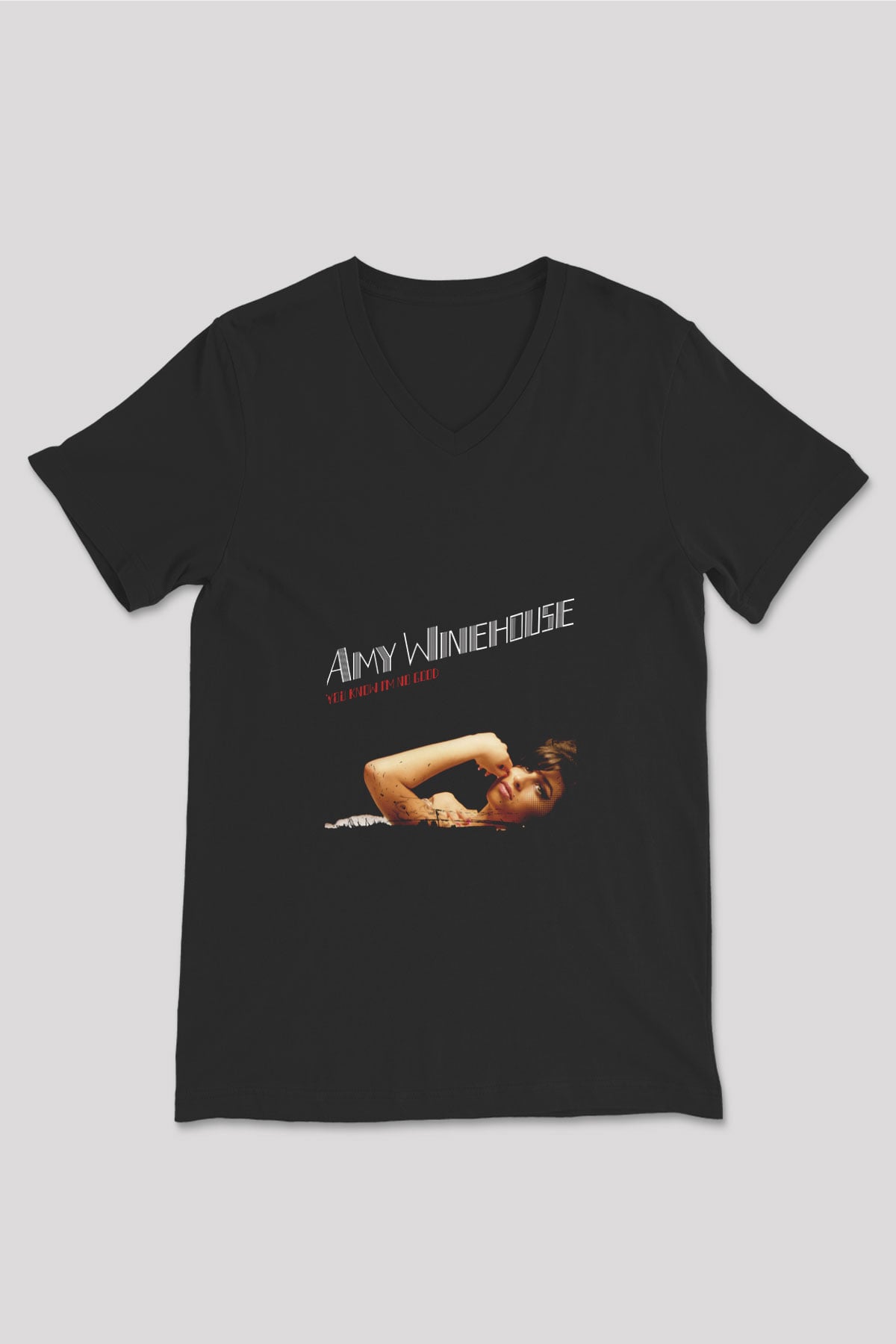 Amy Winehouse Baskılı Unisex Siyah V Yaka Tişört