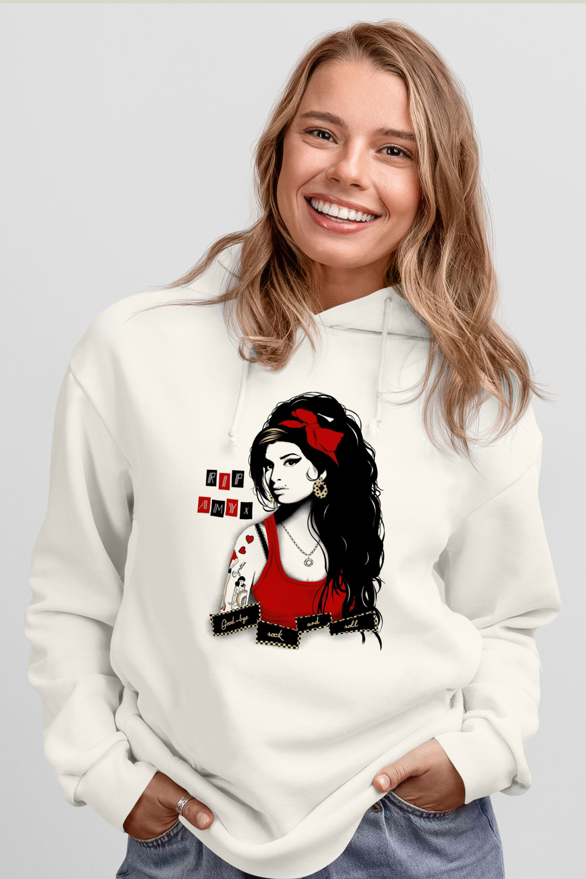 Amy Winehouse Beyaz Unisex Kapşonlu Sweatshirt
