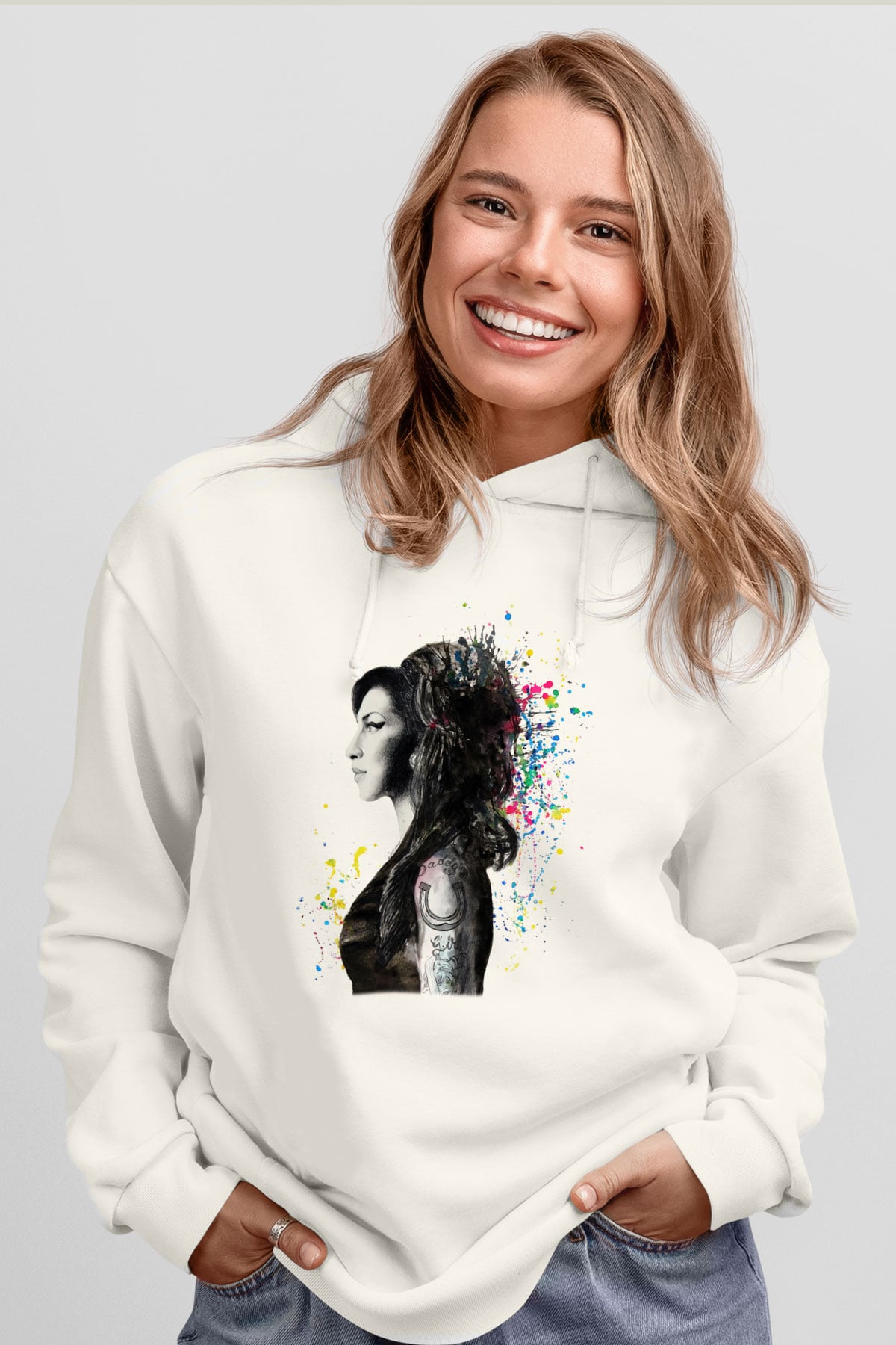 Amy Winehouse Beyaz Unisex Kapşonlu Sweatshirt