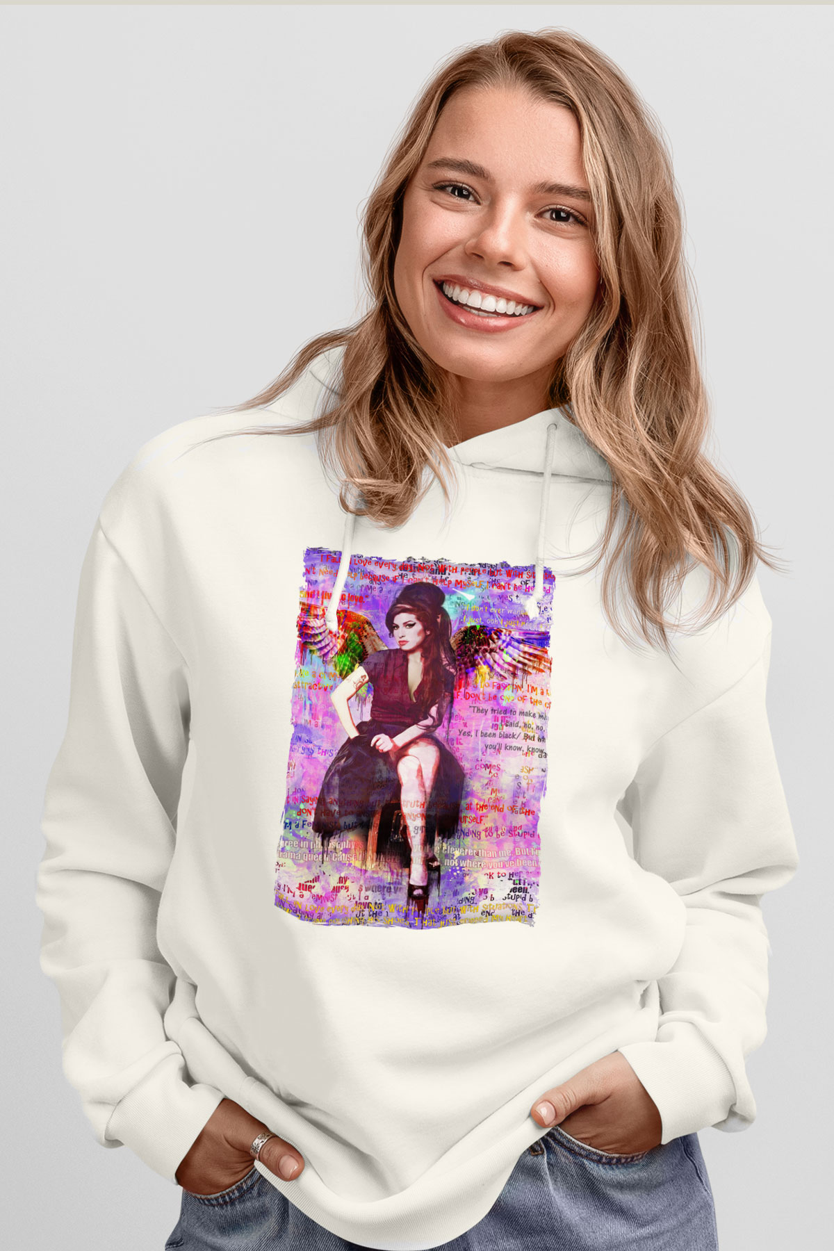 Amy Winehouse Beyaz Unisex Kapüşonlu Sweatshirt