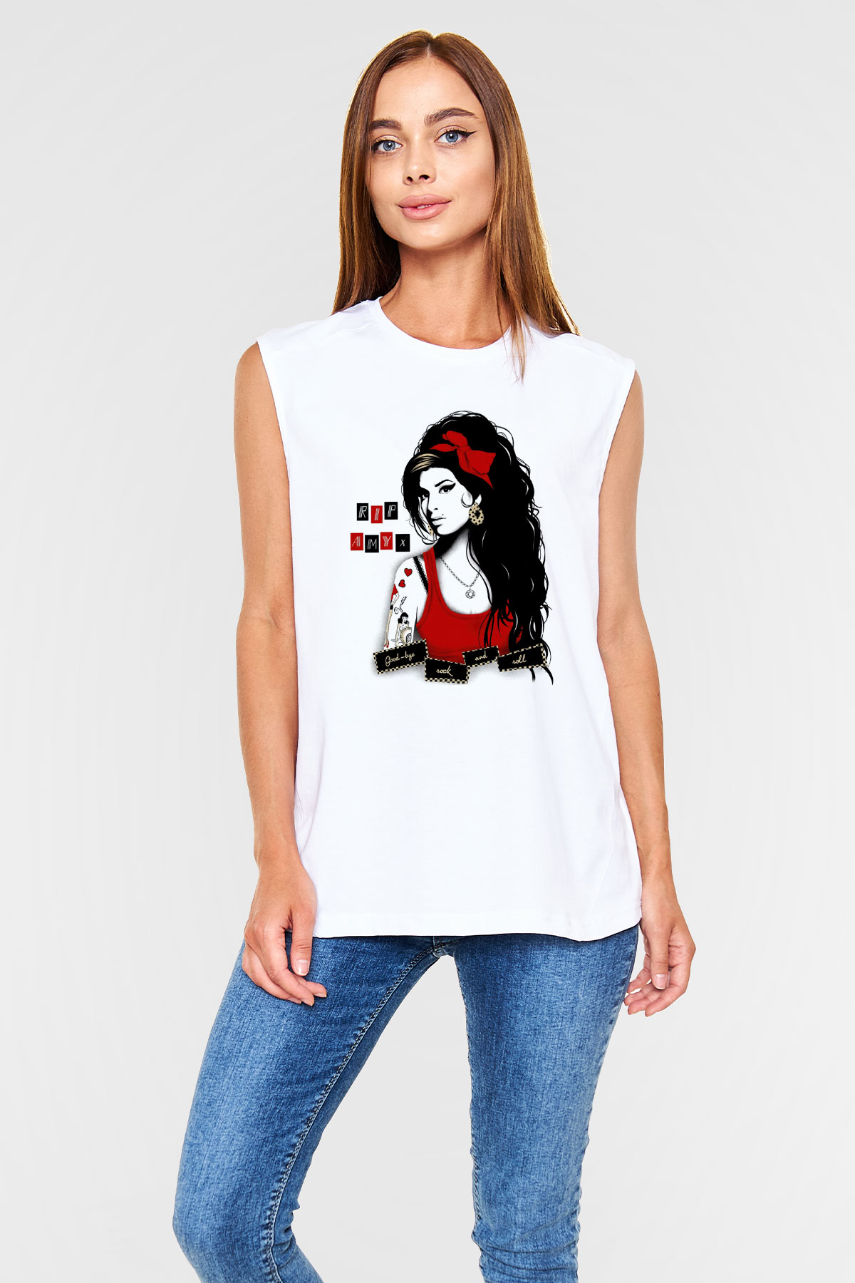 Amy Winehouse Beyaz Unisex Kolsuz Tişört